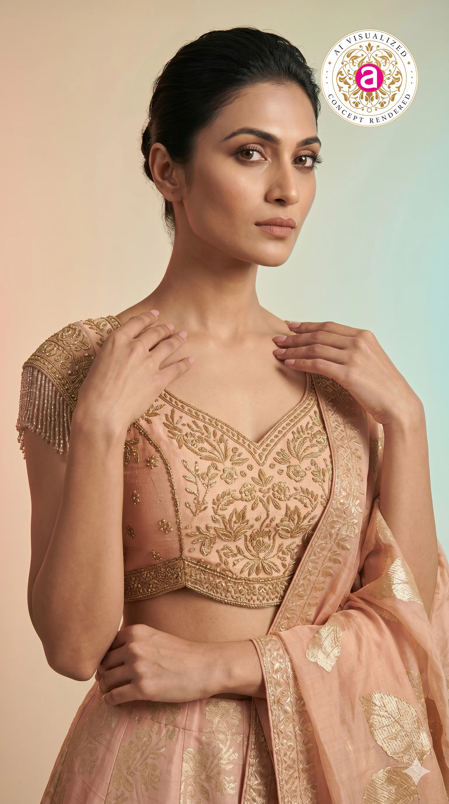 Blush Pink Silk Lehenga Choli with Gold Floral Weaving & Sheer Dupatta - Image 2