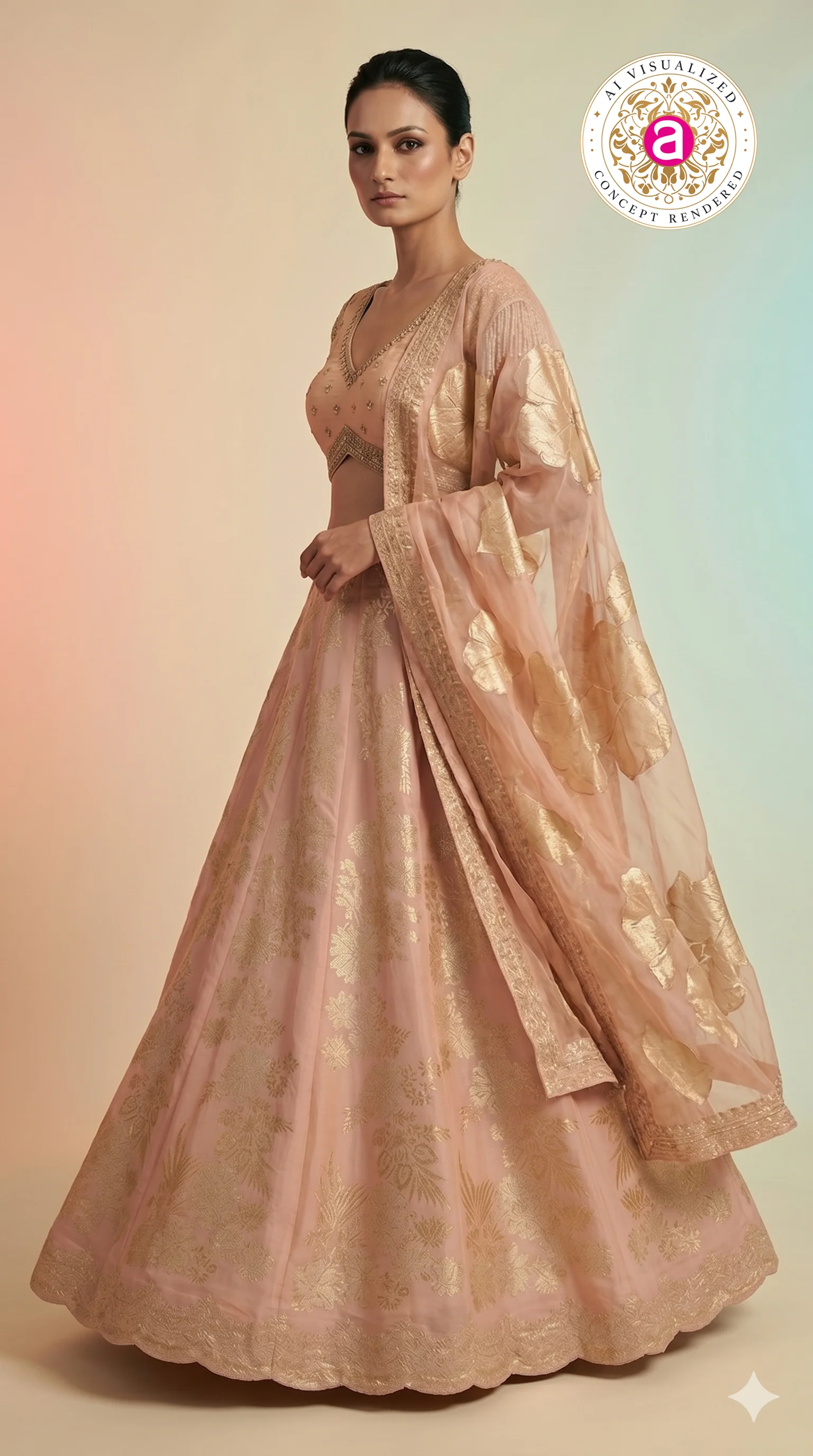 Blush Pink Silk Lehenga Choli with Gold Floral Weaving & Sheer Dupatta - Image 3