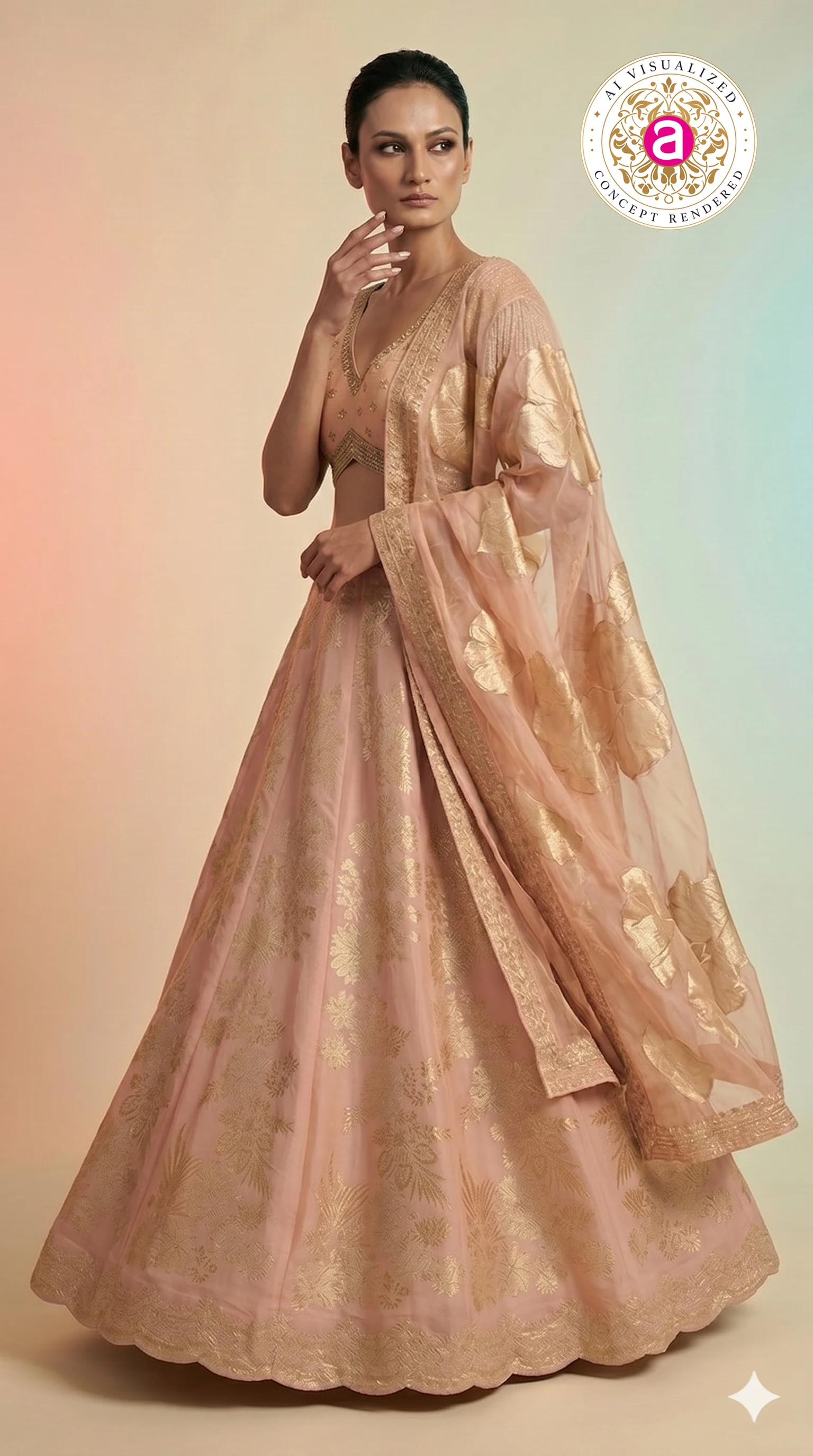 Blush Pink Silk Lehenga Choli with Gold Floral Weaving & Sheer Dupatta - Image 4