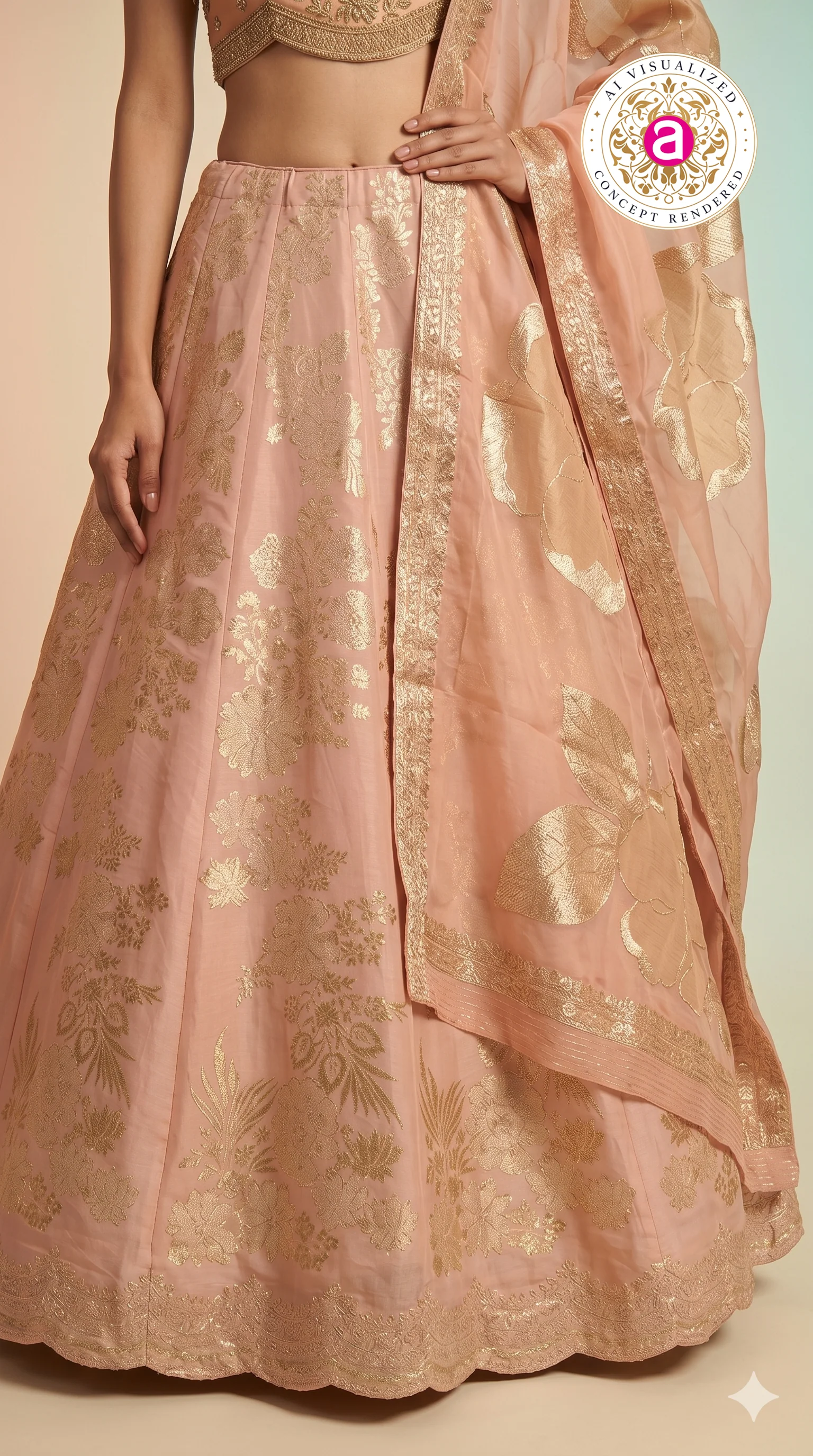 Blush Pink Silk Lehenga Choli with Gold Floral Weaving & Sheer Dupatta - Image 5
