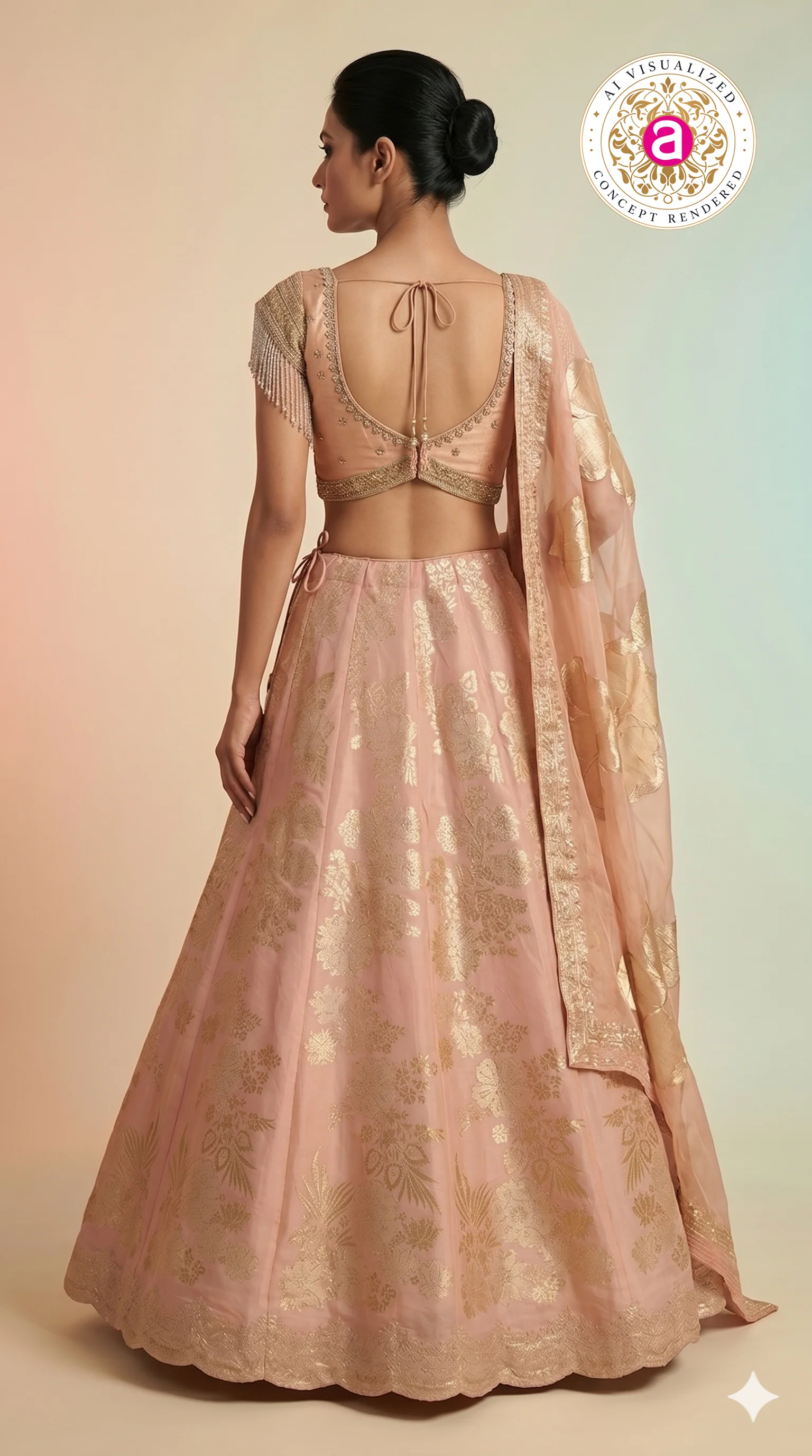 Blush Pink Silk Lehenga Choli with Gold Floral Weaving & Sheer Dupatta - Image 6