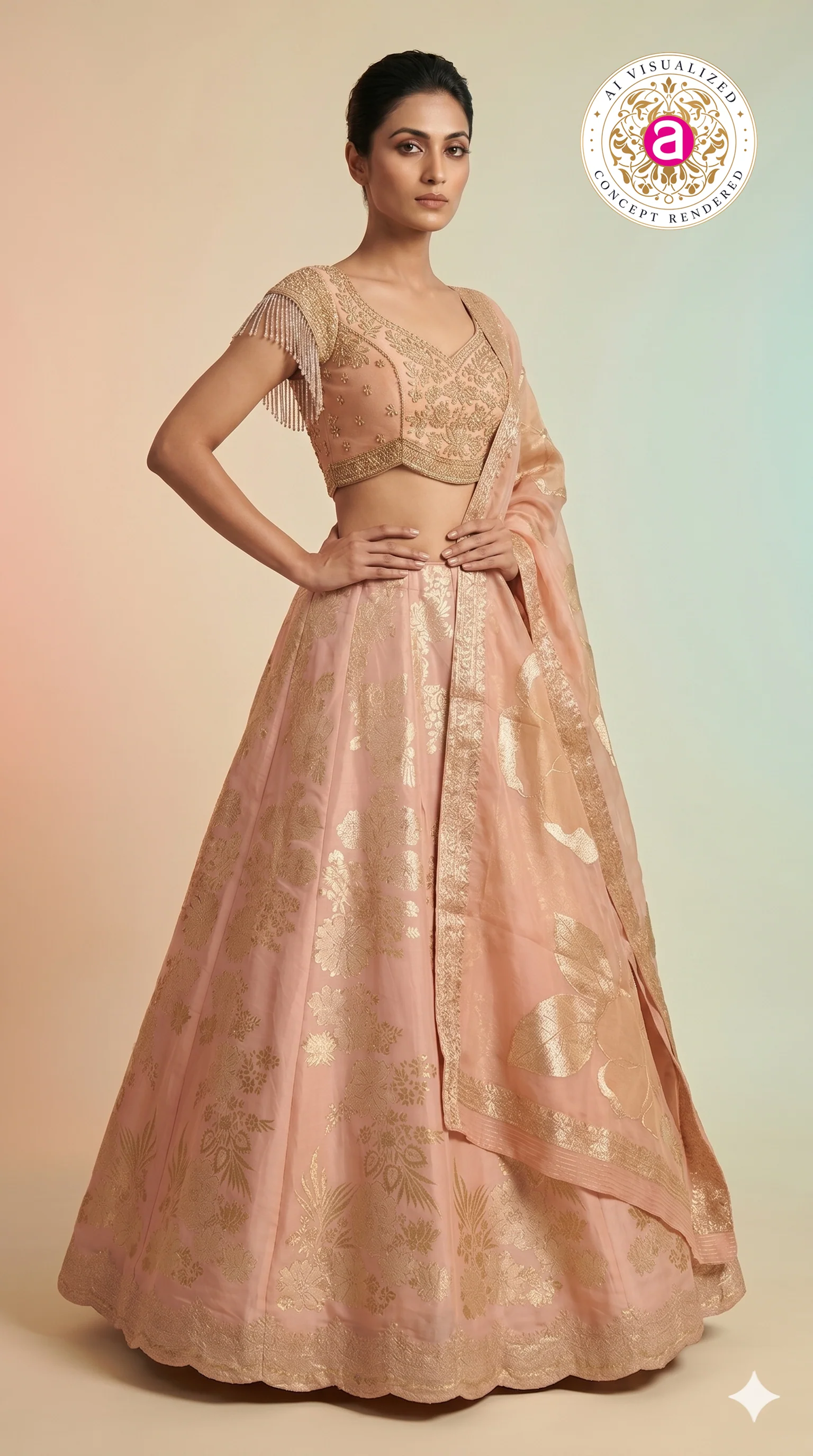Blush Pink Silk Lehenga Choli with Gold Floral Weaving & Sheer Dupatta - Image 7