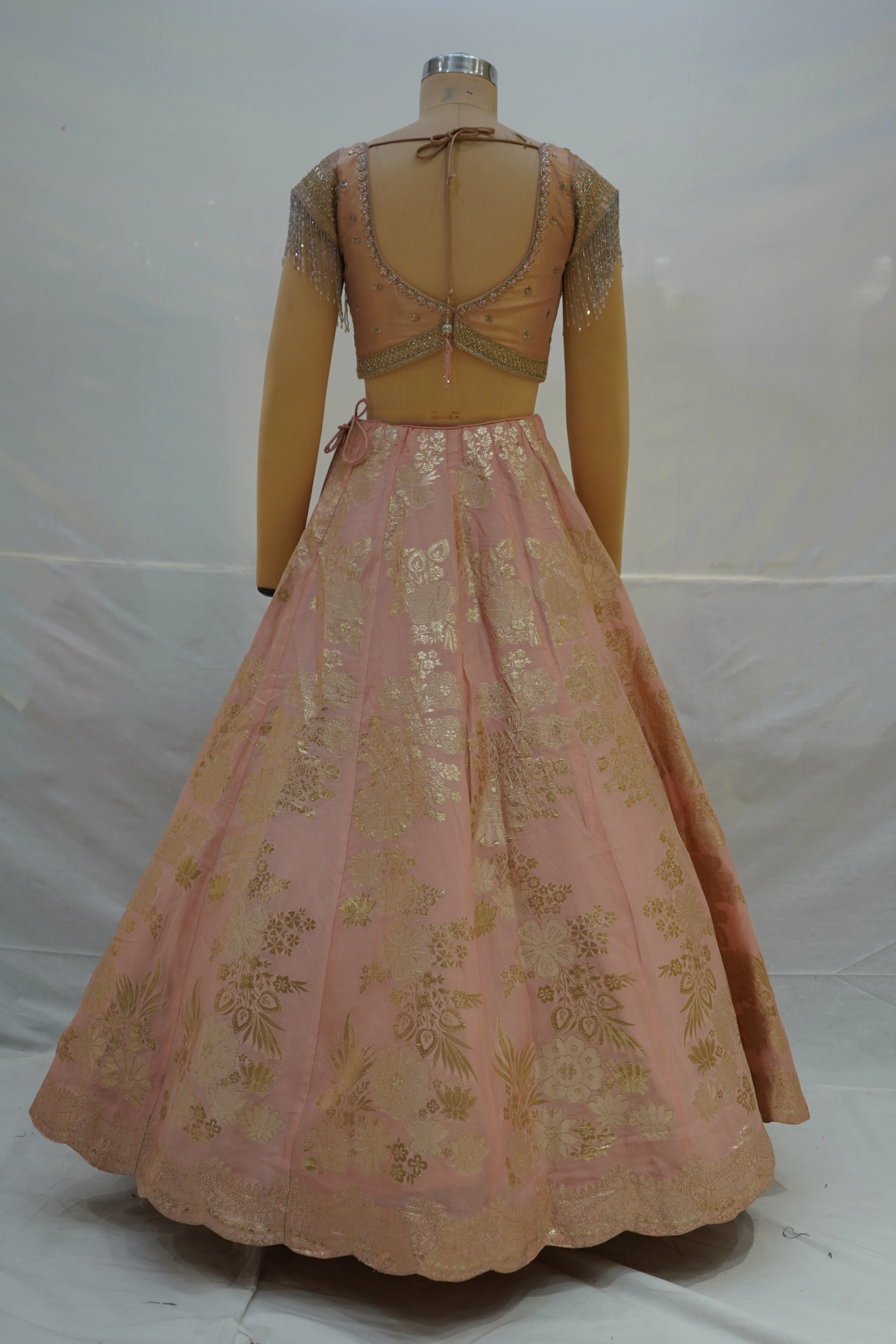 Blush Pink Silk Lehenga Choli with Gold Floral Weaving & Sheer Dupatta - Image 8