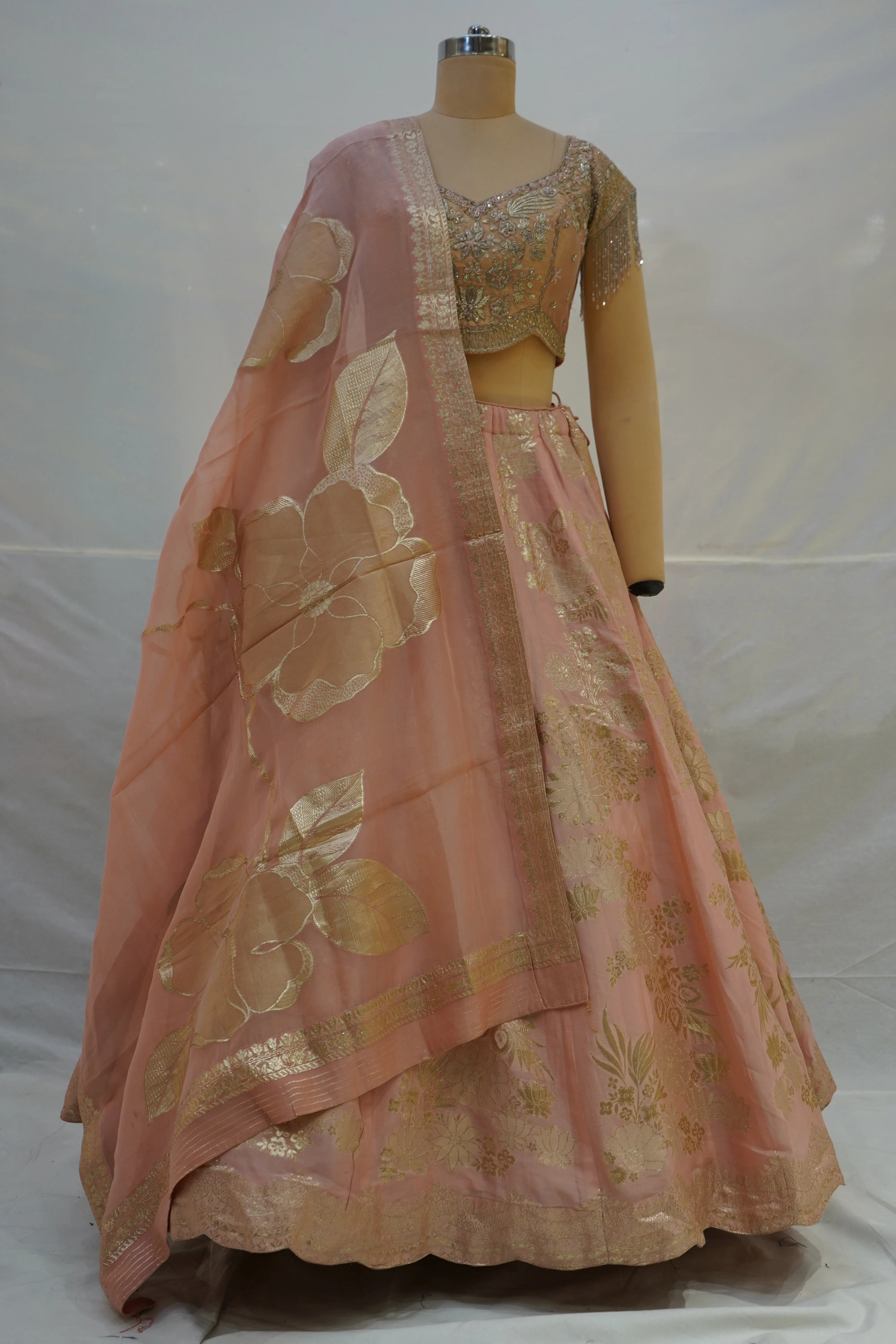 Blush Pink Silk Lehenga Choli with Gold Floral Weaving & Sheer Dupatta - Image 9