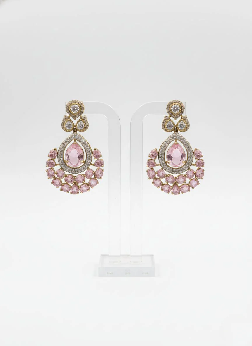 Blush Pink Stone & Gold Kundan Necklace Set with Statement Earrings - Image 2