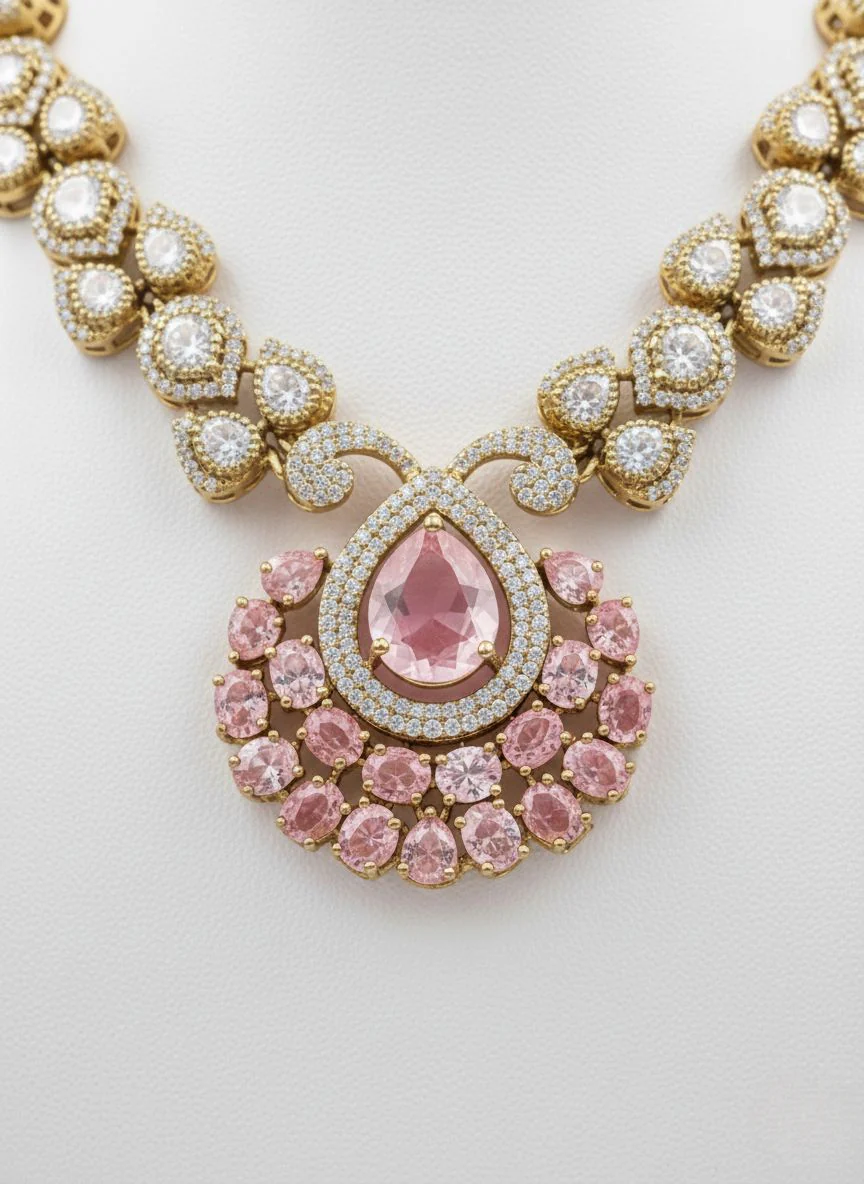 Blush Pink Stone & Gold Kundan Necklace Set with Statement Earrings - Image 3
