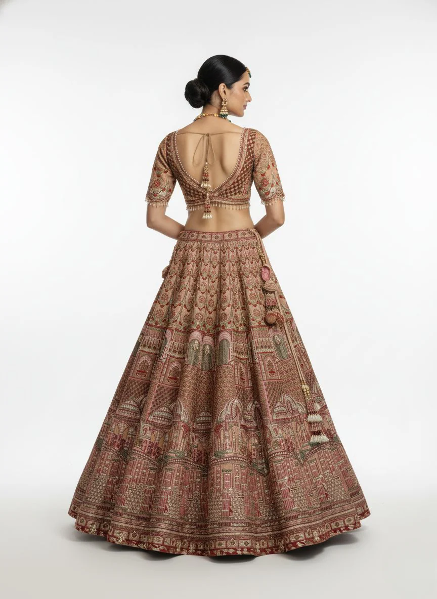 Blush Rose Heavy Bridal Lehenga with Intricate Zari & Hand-Embroidered Detailing - Image 5