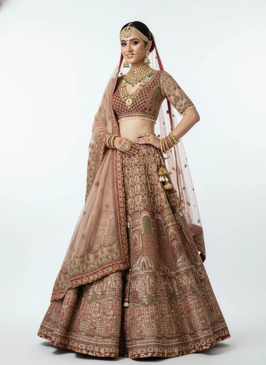 Blush Rose Heavy Bridal Lehenga with Intricate Zari & Hand-Embroidered Detailing - Image 6