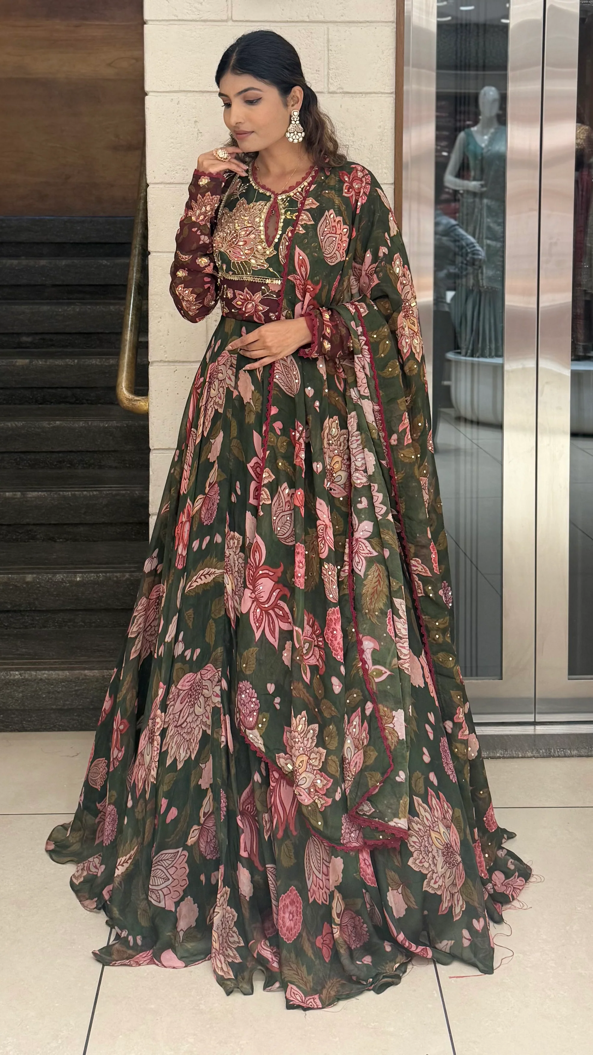 Bottle Green Floral Printed Designer Gown with Embroidered Yoke & Printed Dupatta - Image 3