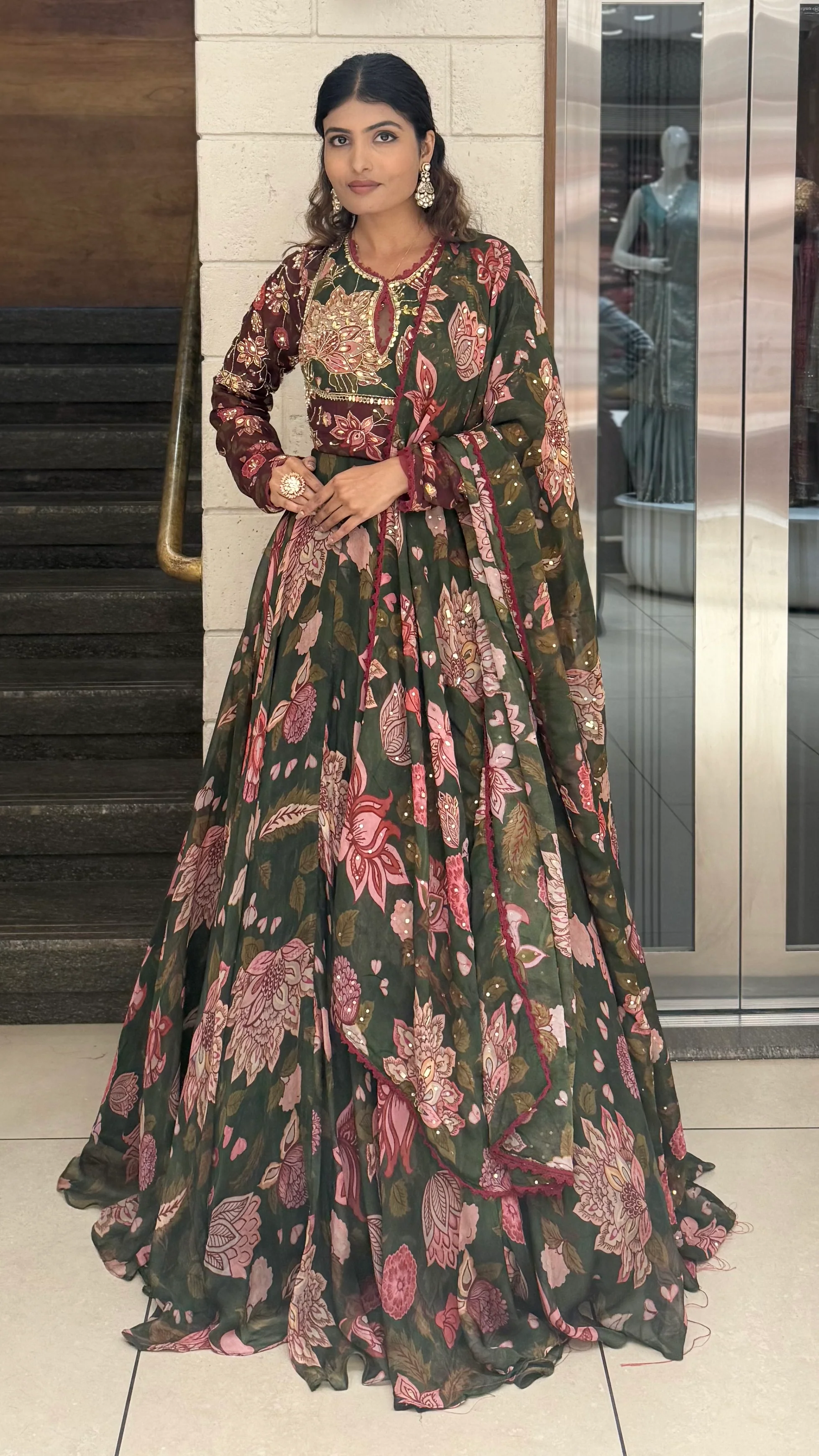 Bottle Green Floral Printed Designer Gown with Embroidered Yoke & Printed Dupatta - Image 4