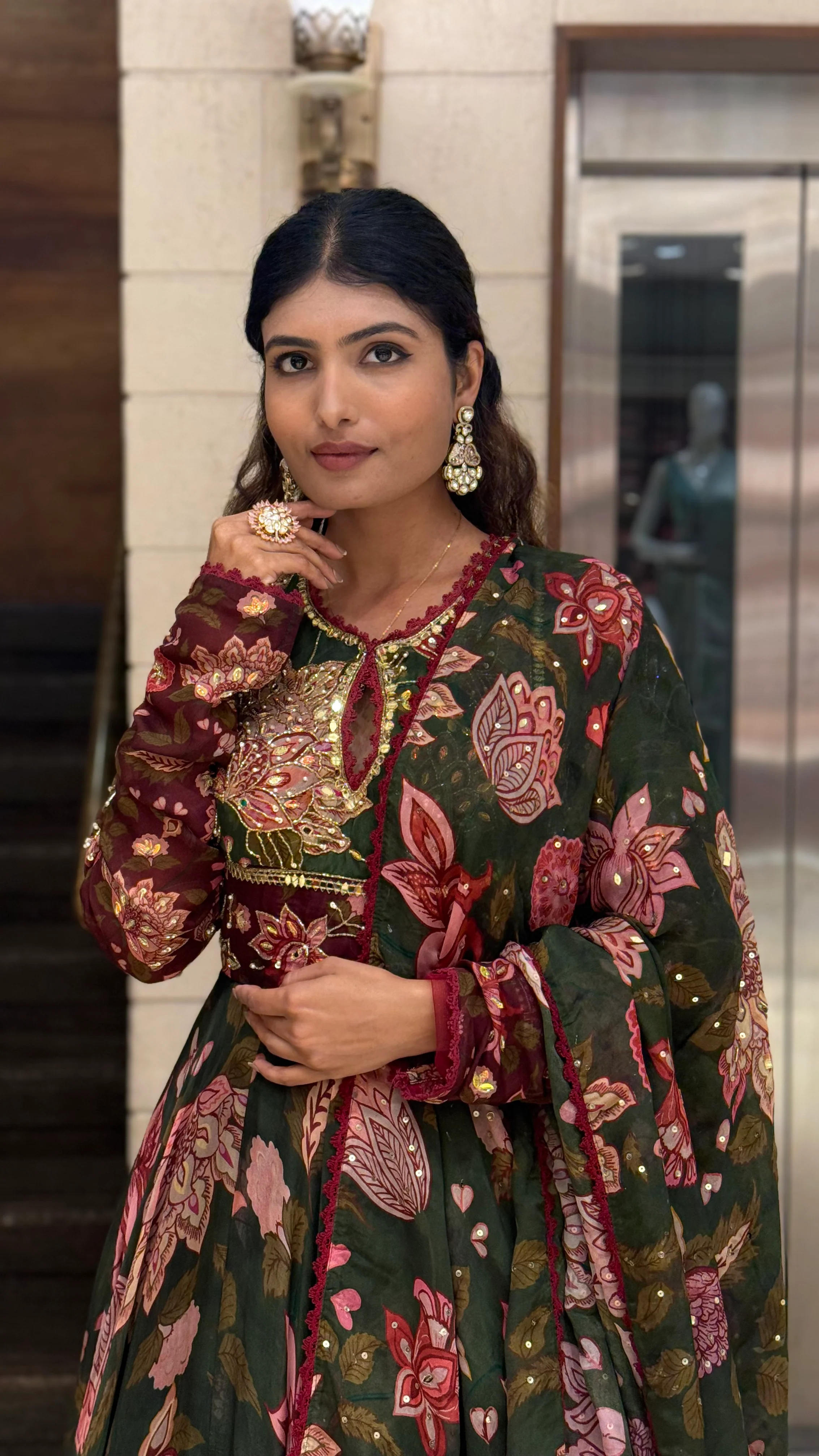 Bottle Green Floral Printed Designer Gown with Embroidered Yoke & Printed Dupatta - Image 5