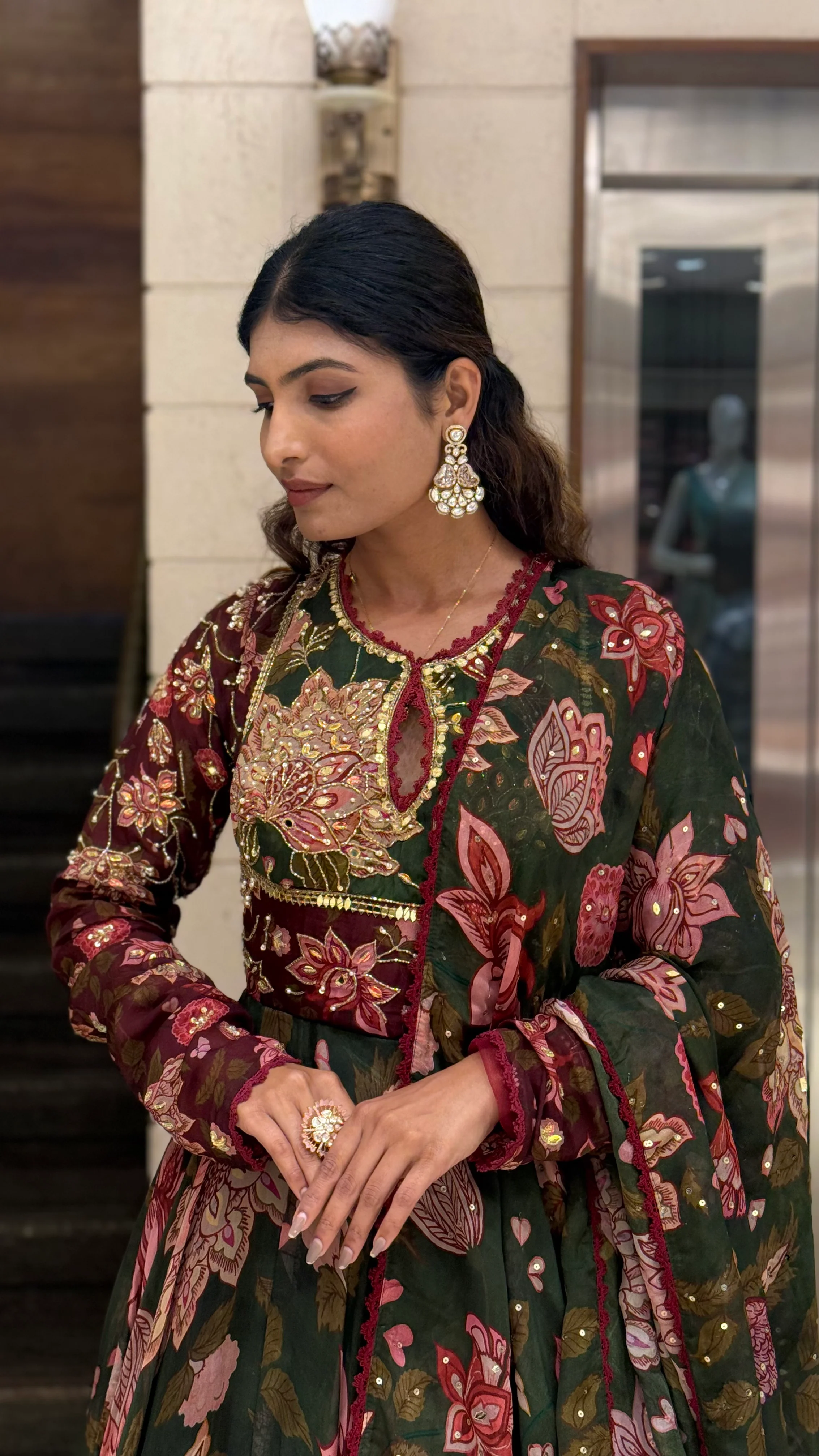Bottle Green Floral Printed Designer Gown with Embroidered Yoke & Printed Dupatta - Image 6