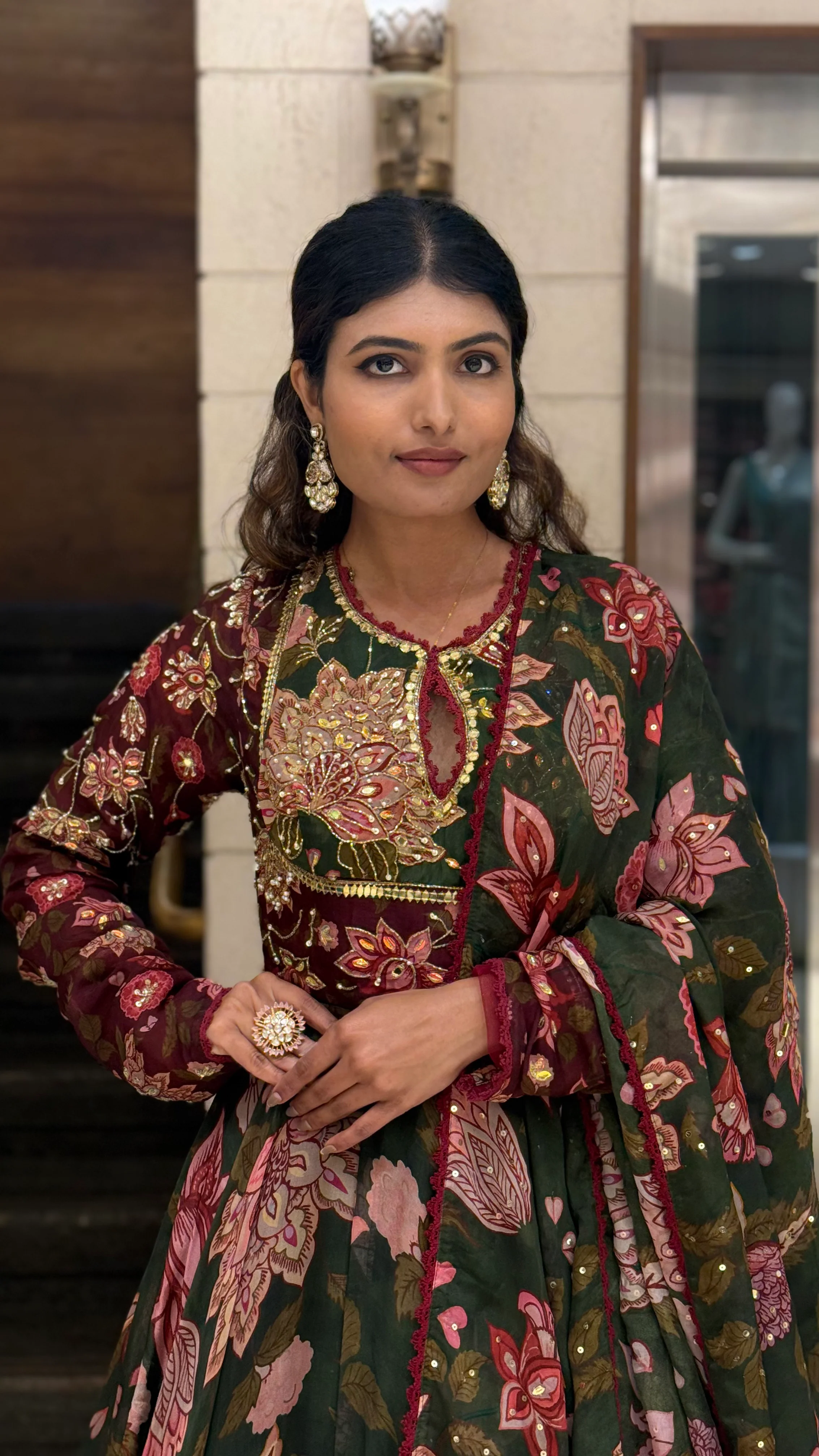 Bottle Green Floral Printed Designer Gown with Embroidered Yoke & Printed Dupatta - Image 7