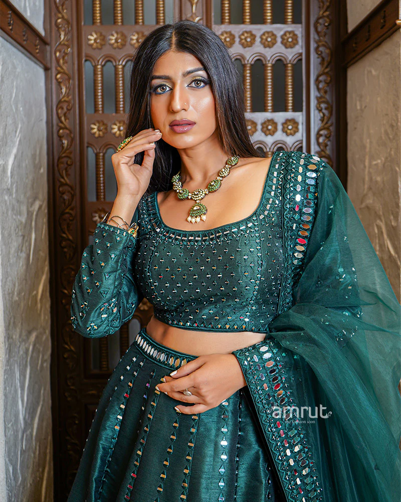 Bottle Green Mirror Work Embroidered Lehenga Set With Dupatta - Image 3