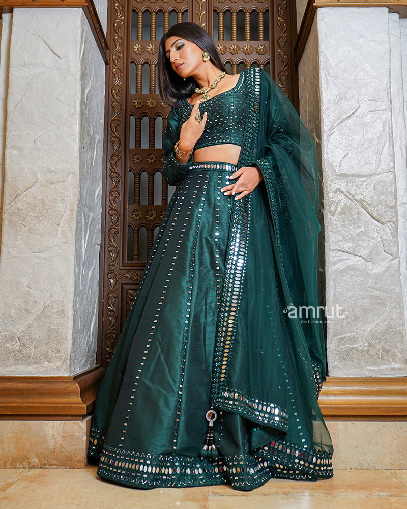 Bottle Green Mirror Work Embroidered Lehenga Set With Dupatta - Image 4