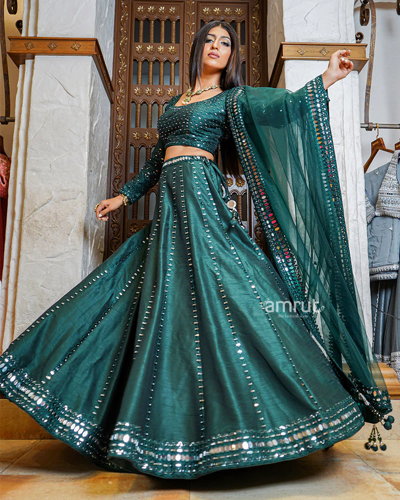 Bottle Green Mirror Work Embroidered Lehenga Set With Dupatta - Image 5