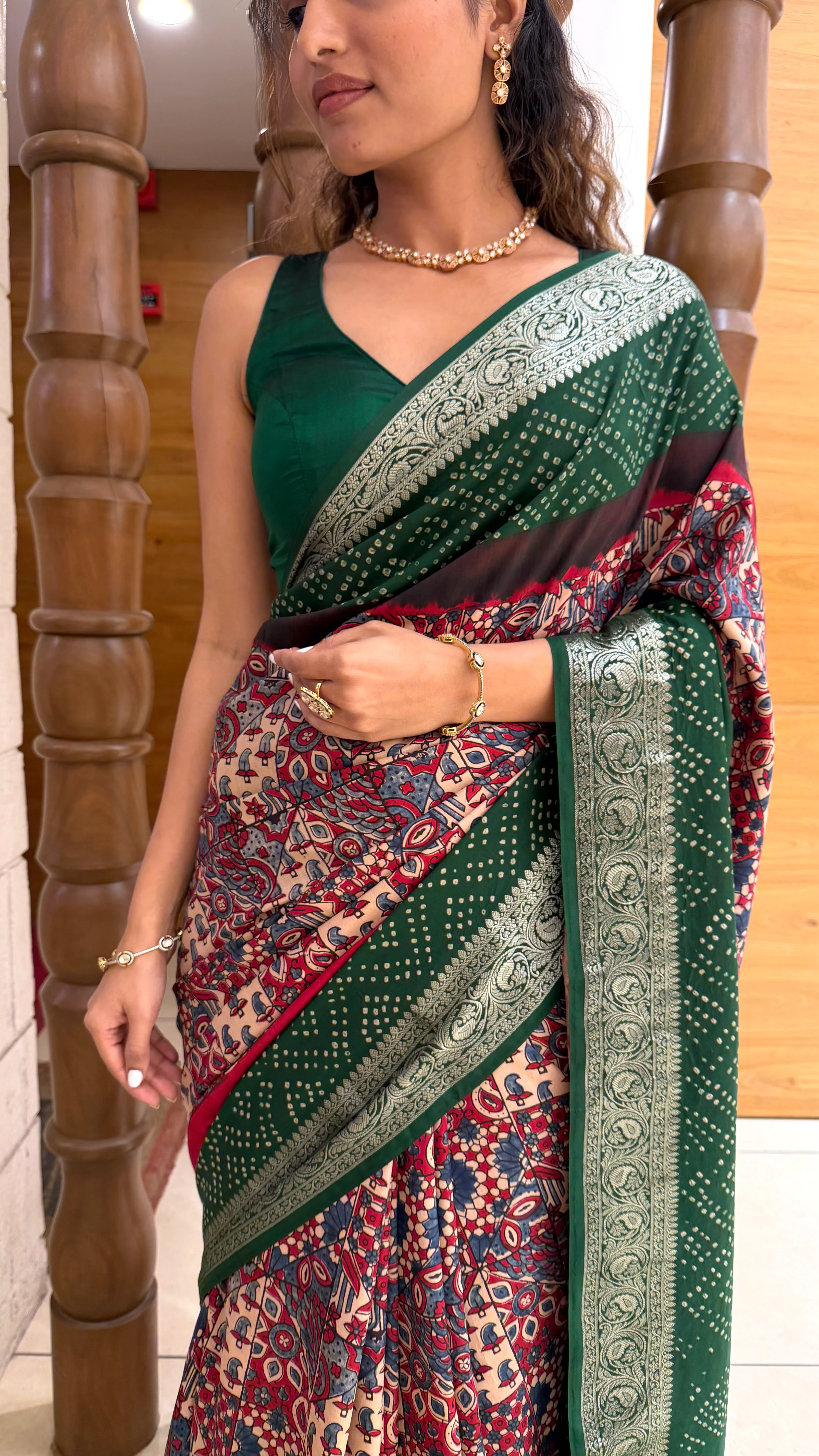 Bottle Green Printed Saree with Silver Zari Border - Image 2
