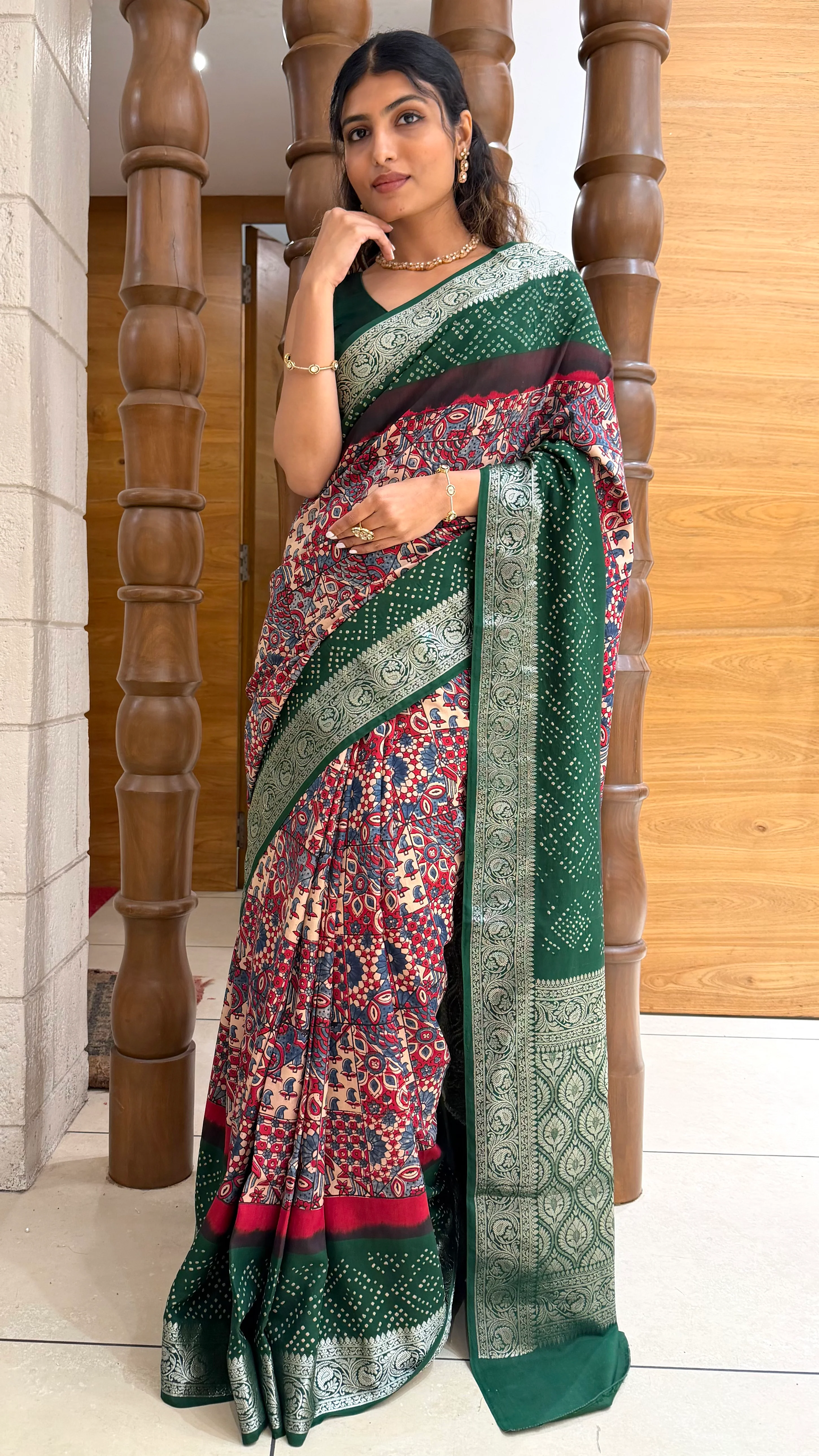 Bottle Green Printed Saree with Silver Zari Border - Image 4