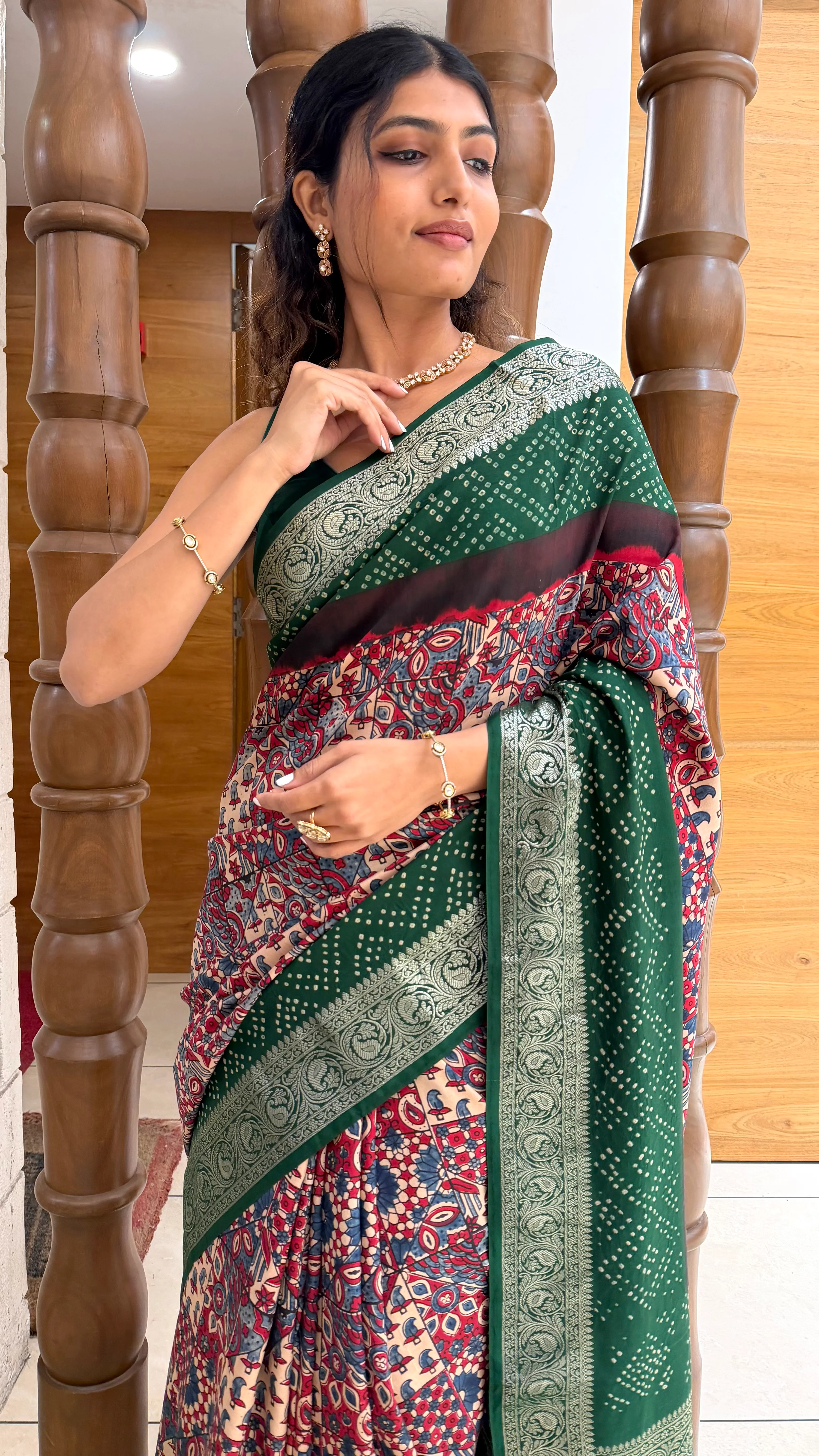 Bottle Green Printed Saree with Silver Zari Border - Image 5