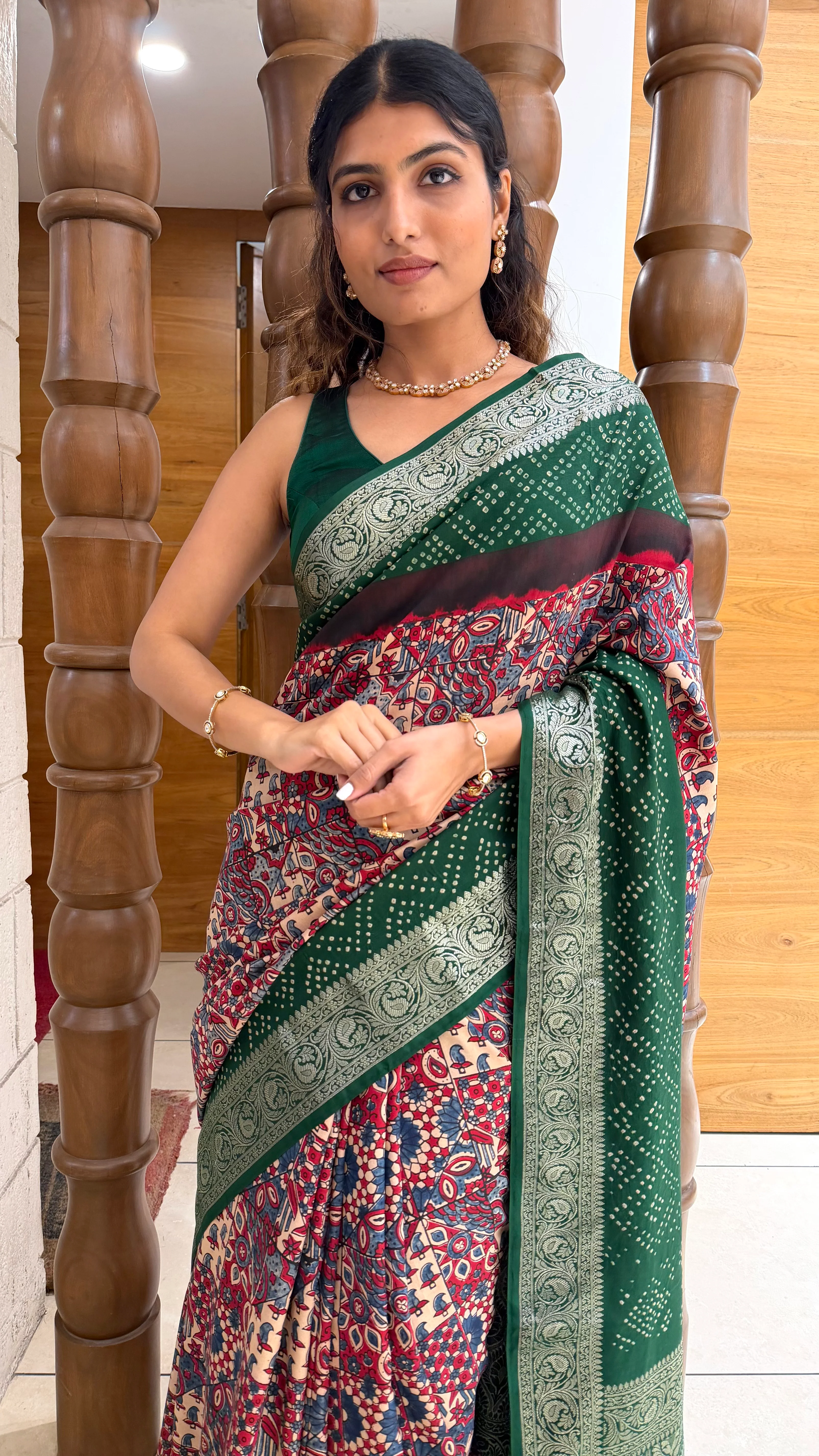 Bottle Green Printed Saree with Silver Zari Border - Image 6