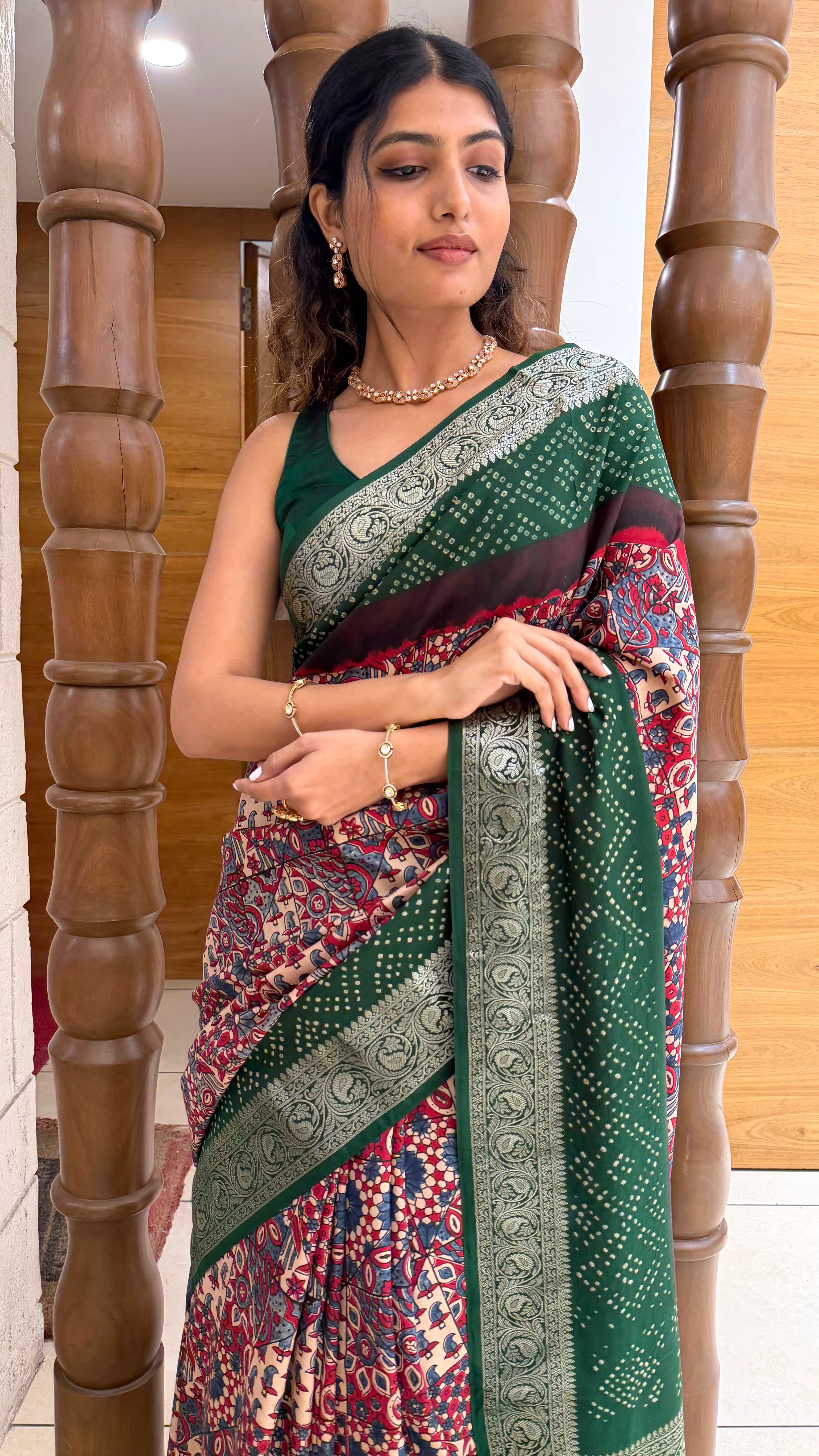 Bottle Green Printed Saree with Silver Zari Border - Image 7