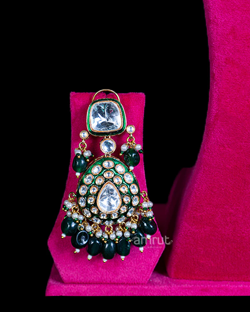 Bridal Choker Necklace with White and Green Stones, Earrings and Matha Patti - Image 2