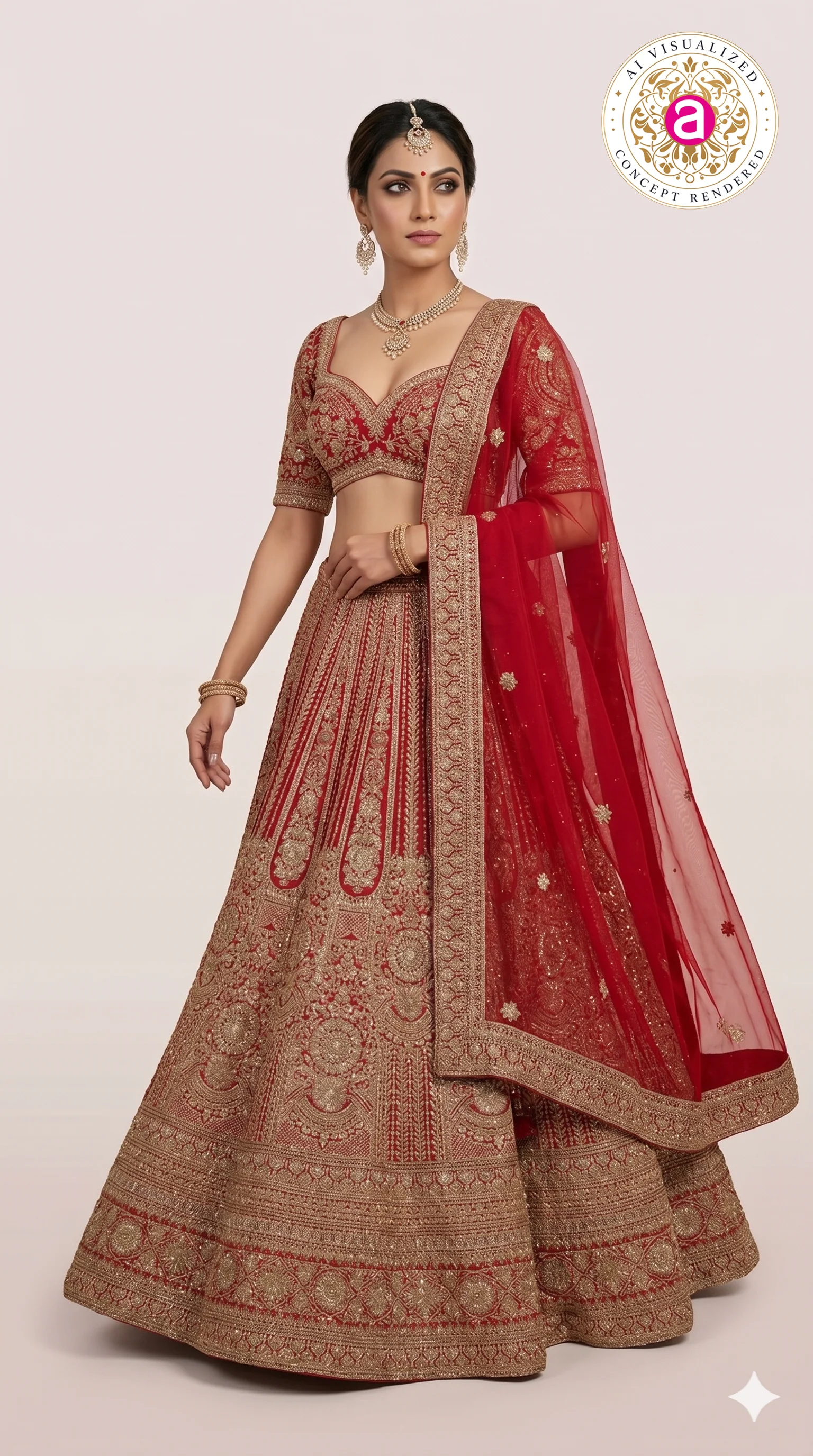 Bridal Red Zari Embroidered Lehenga Choli with Heritage Motifs & Dupatta - Image 2