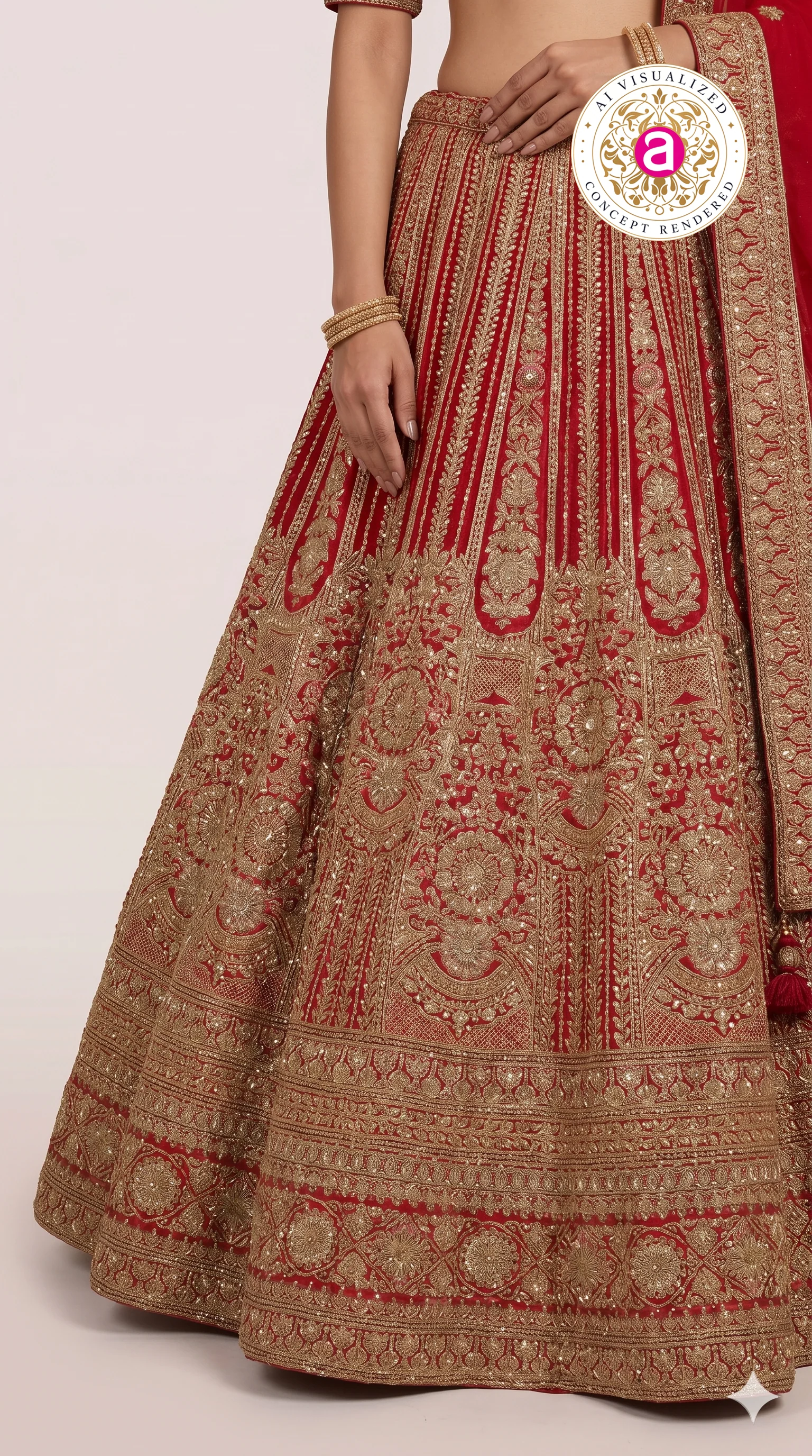 Bridal Red Zari Embroidered Lehenga Choli with Heritage Motifs & Dupatta - Image 3