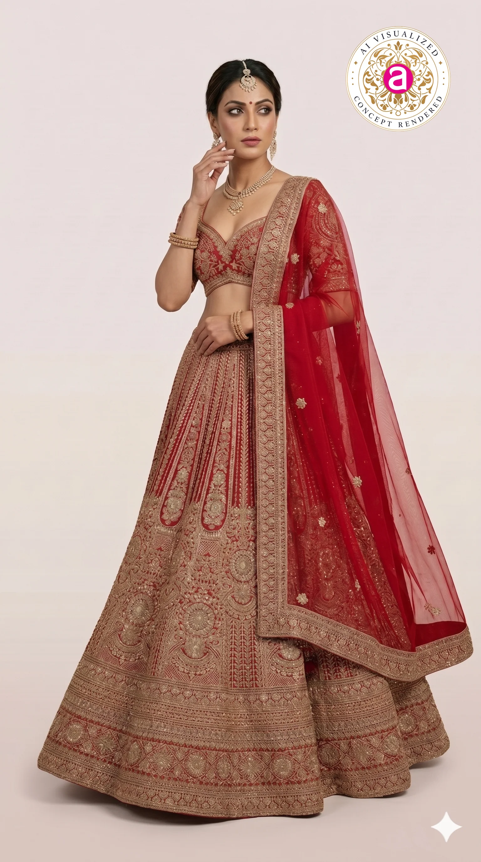 Bridal Red Zari Embroidered Lehenga Choli with Heritage Motifs & Dupatta - Image 4