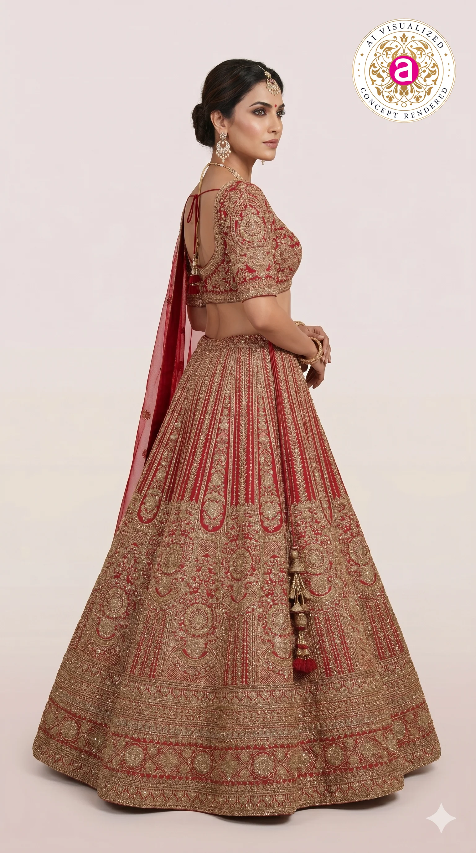 Bridal Red Zari Embroidered Lehenga Choli with Heritage Motifs & Dupatta - Image 5
