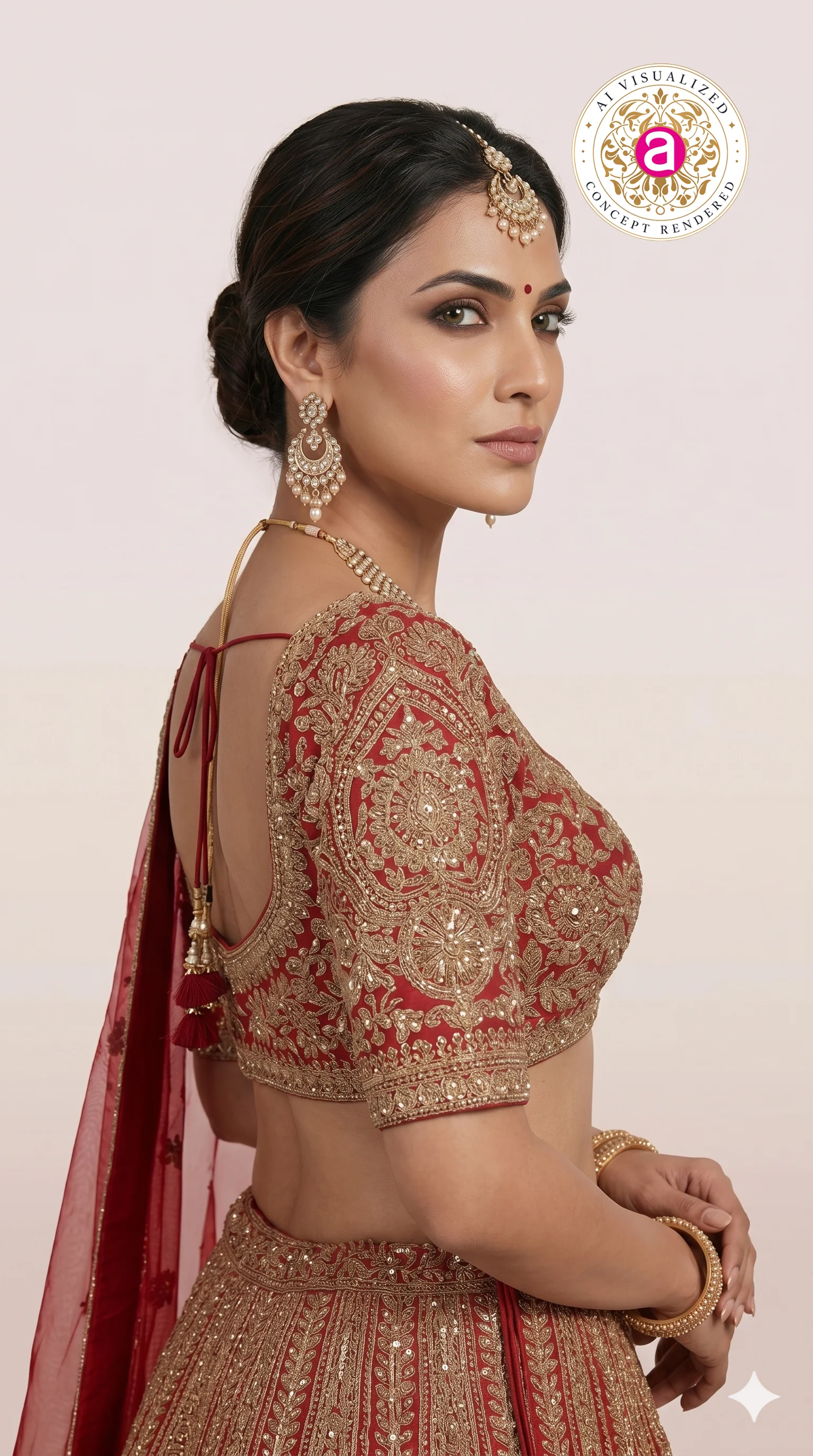 Bridal Red Zari Embroidered Lehenga Choli with Heritage Motifs & Dupatta - Image 6
