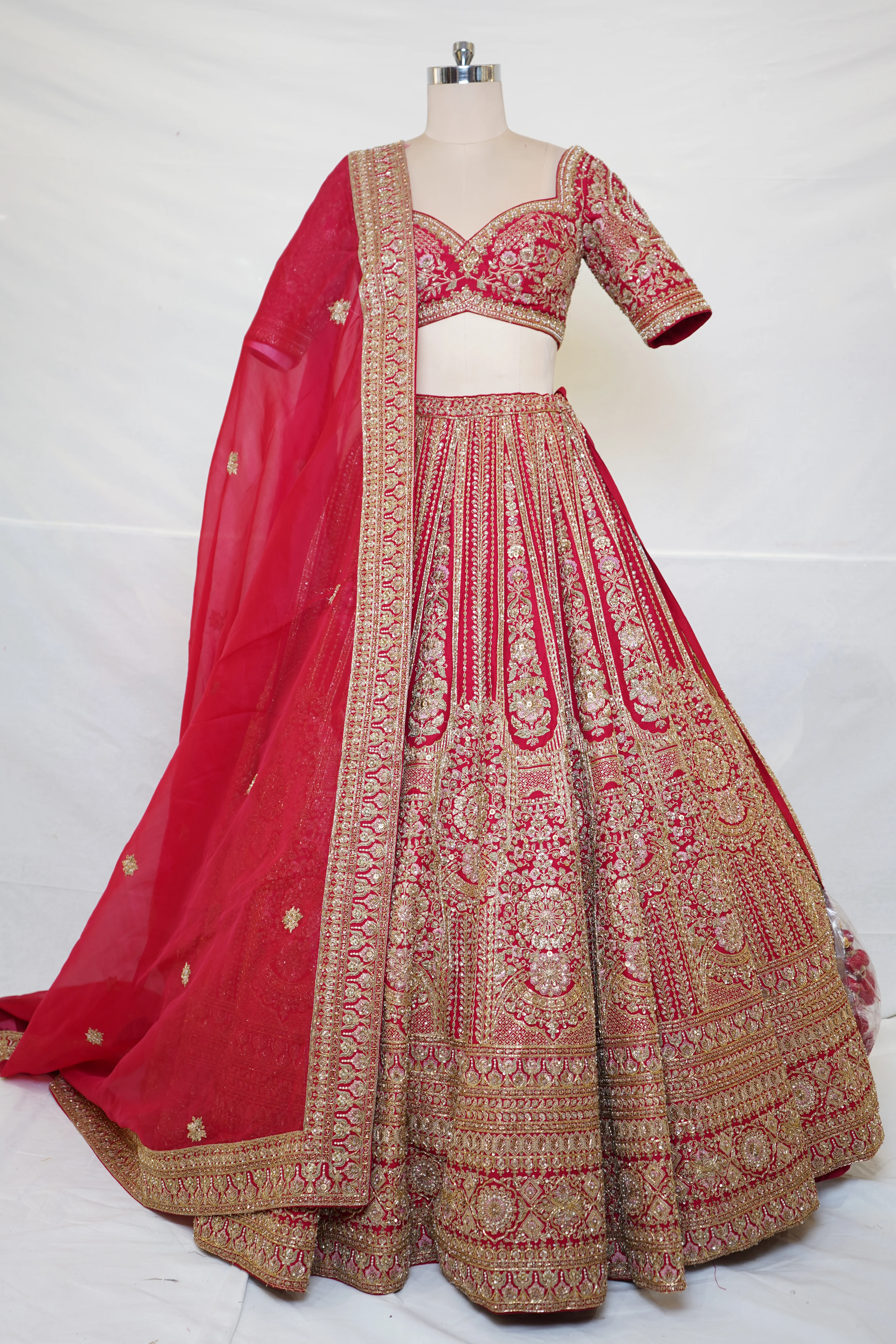Bridal Red Zari Embroidered Lehenga Choli with Heritage Motifs & Dupatta - Image 8