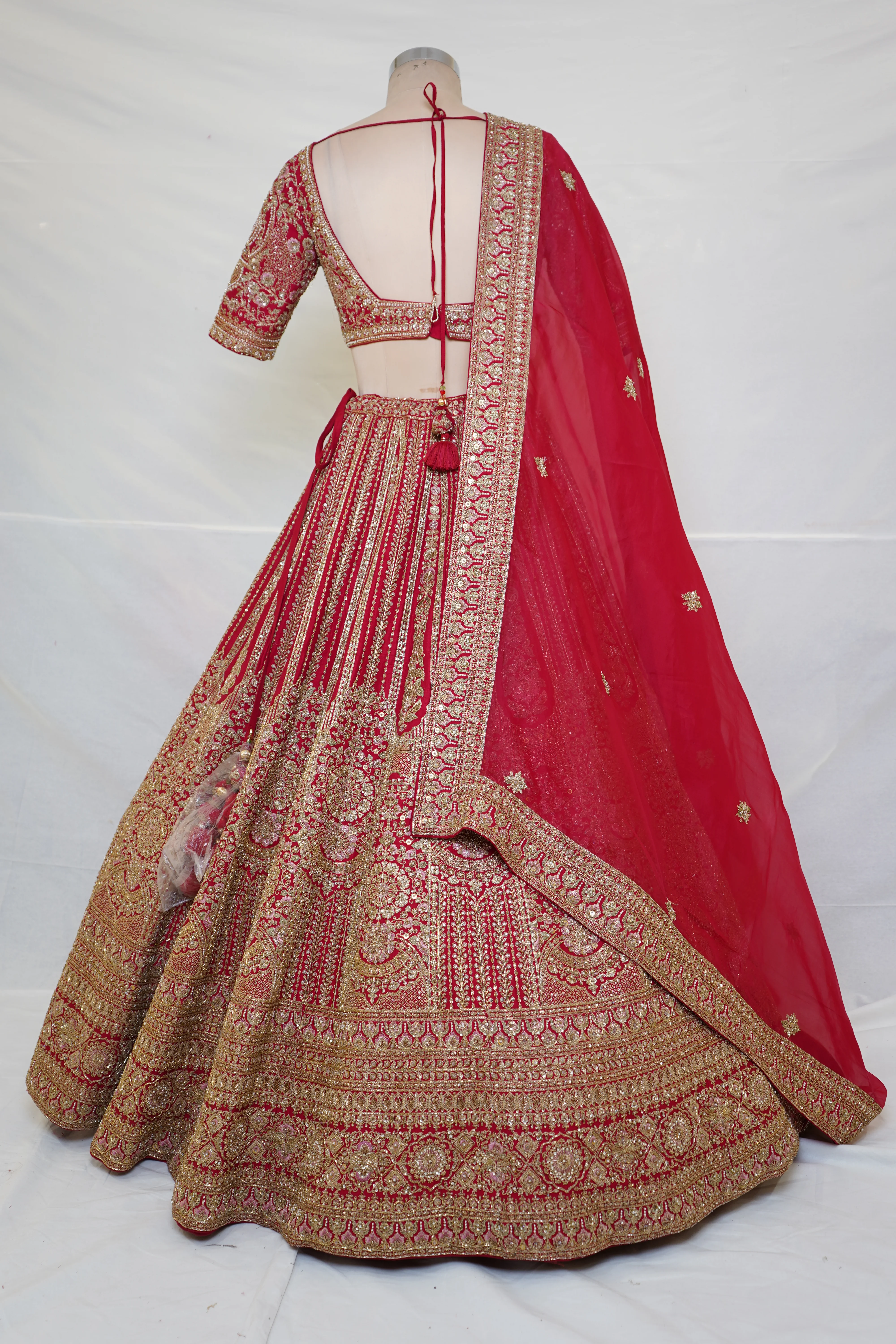 Bridal Red Zari Embroidered Lehenga Choli with Heritage Motifs & Dupatta - Image 9