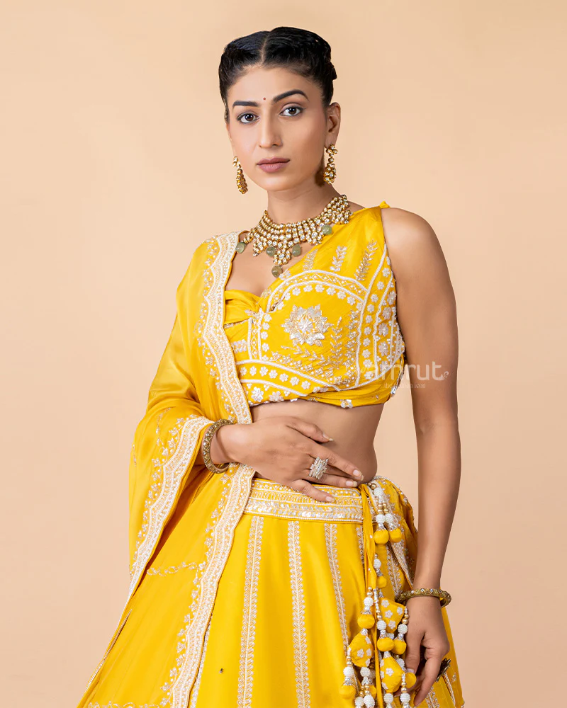 Bright Yellow Unstitched Embroidered Lehenga With Dupatta - Image 3