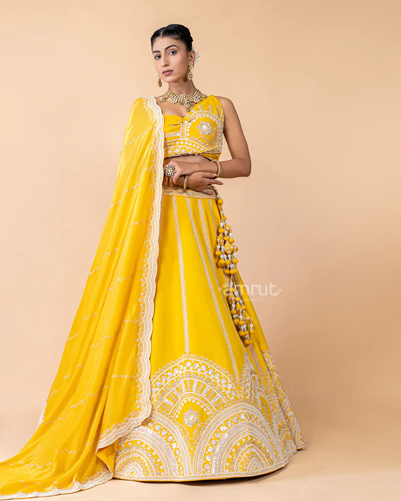 Bright Yellow Unstitched Embroidered Lehenga With Dupatta - Image 4