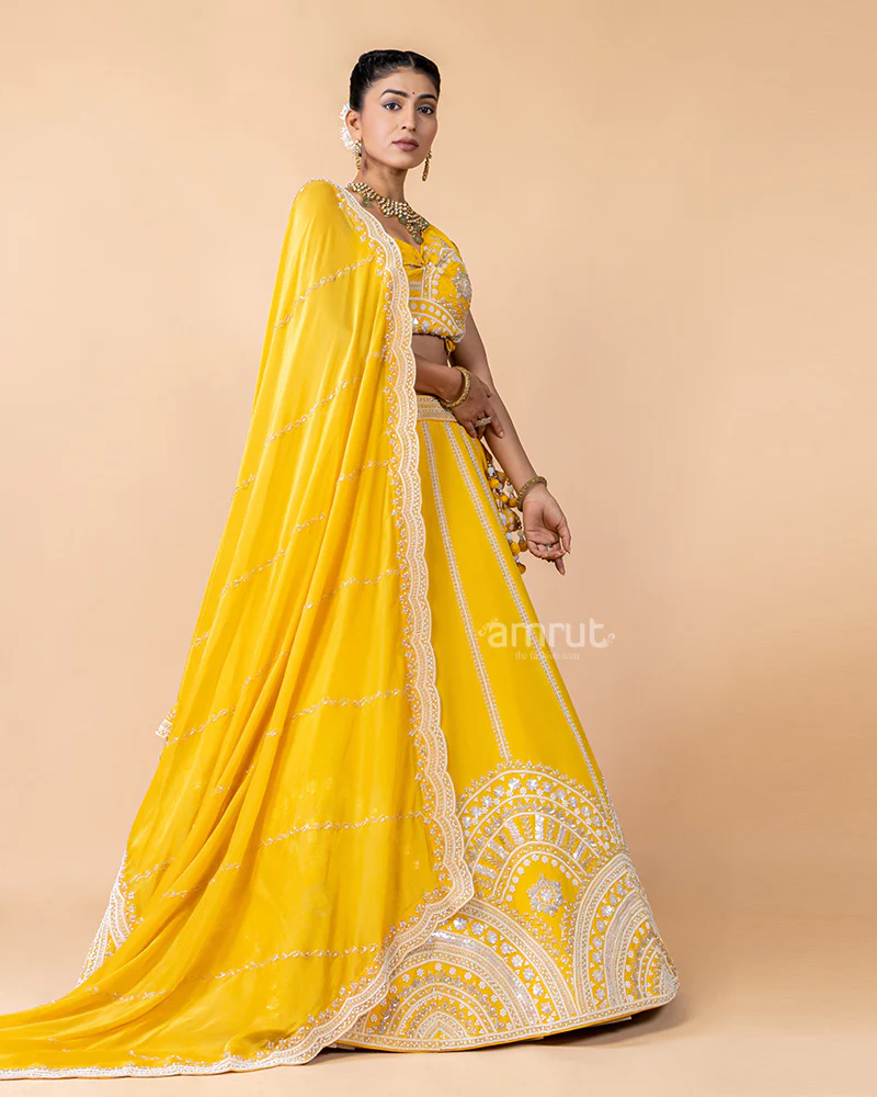 Bright Yellow Unstitched Embroidered Lehenga With Dupatta - Image 5