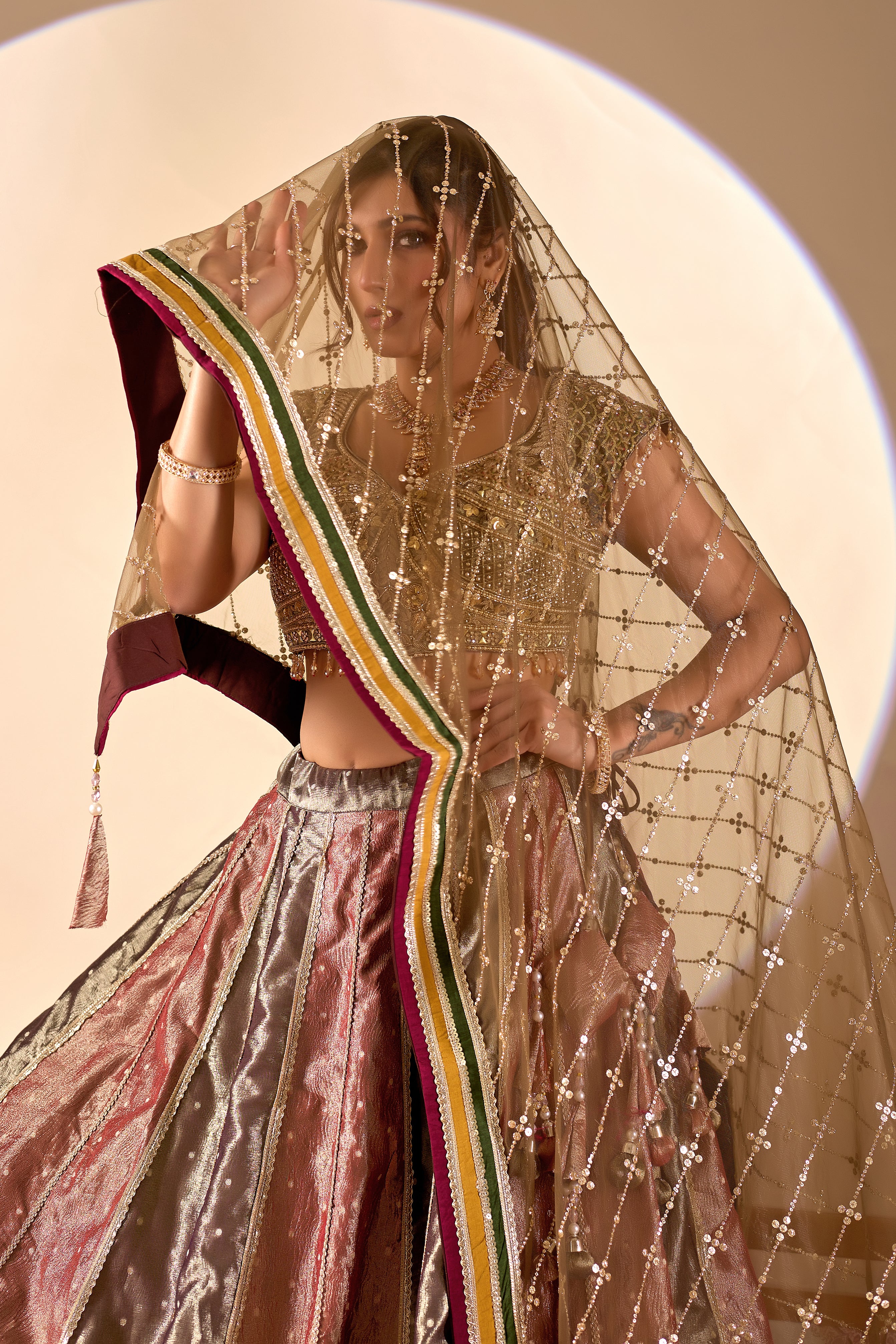 Bronze Metallic Lehenga Set with Embellished Blouse & Net Dupatta - Image 2