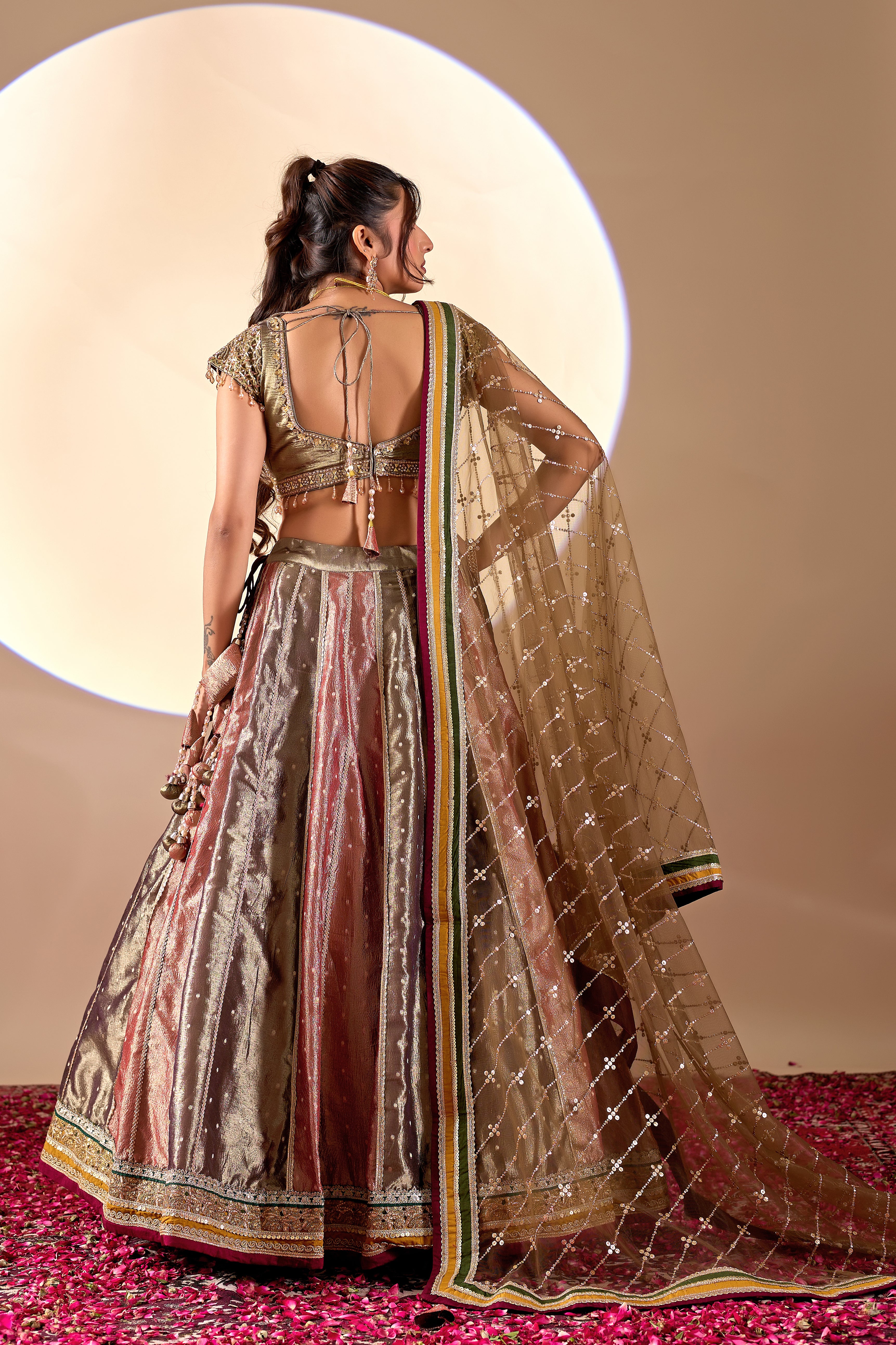 Bronze Metallic Lehenga Set with Embellished Blouse & Net Dupatta - Image 3