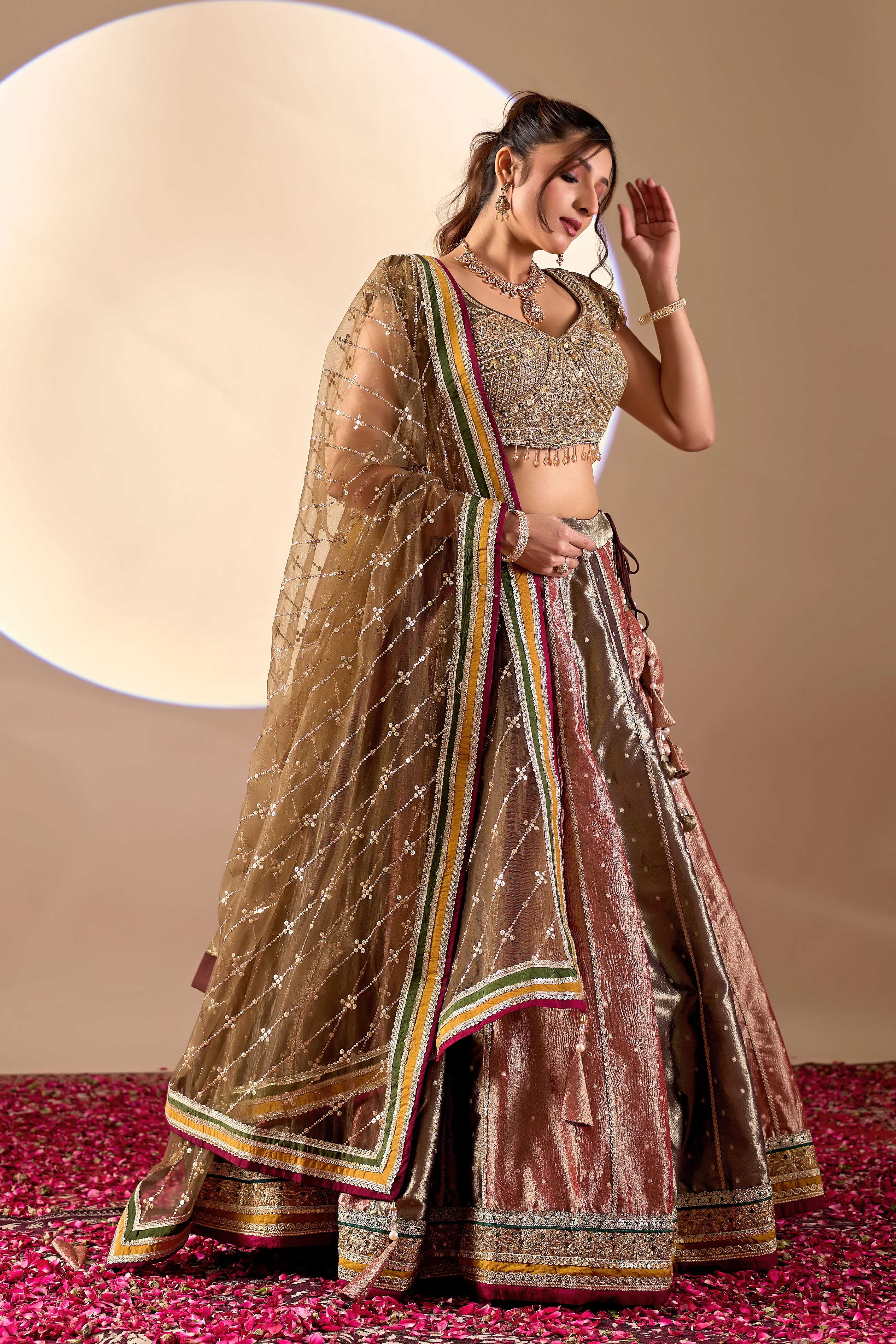 Bronze Metallic Lehenga Set with Embellished Blouse & Net Dupatta - Image 4