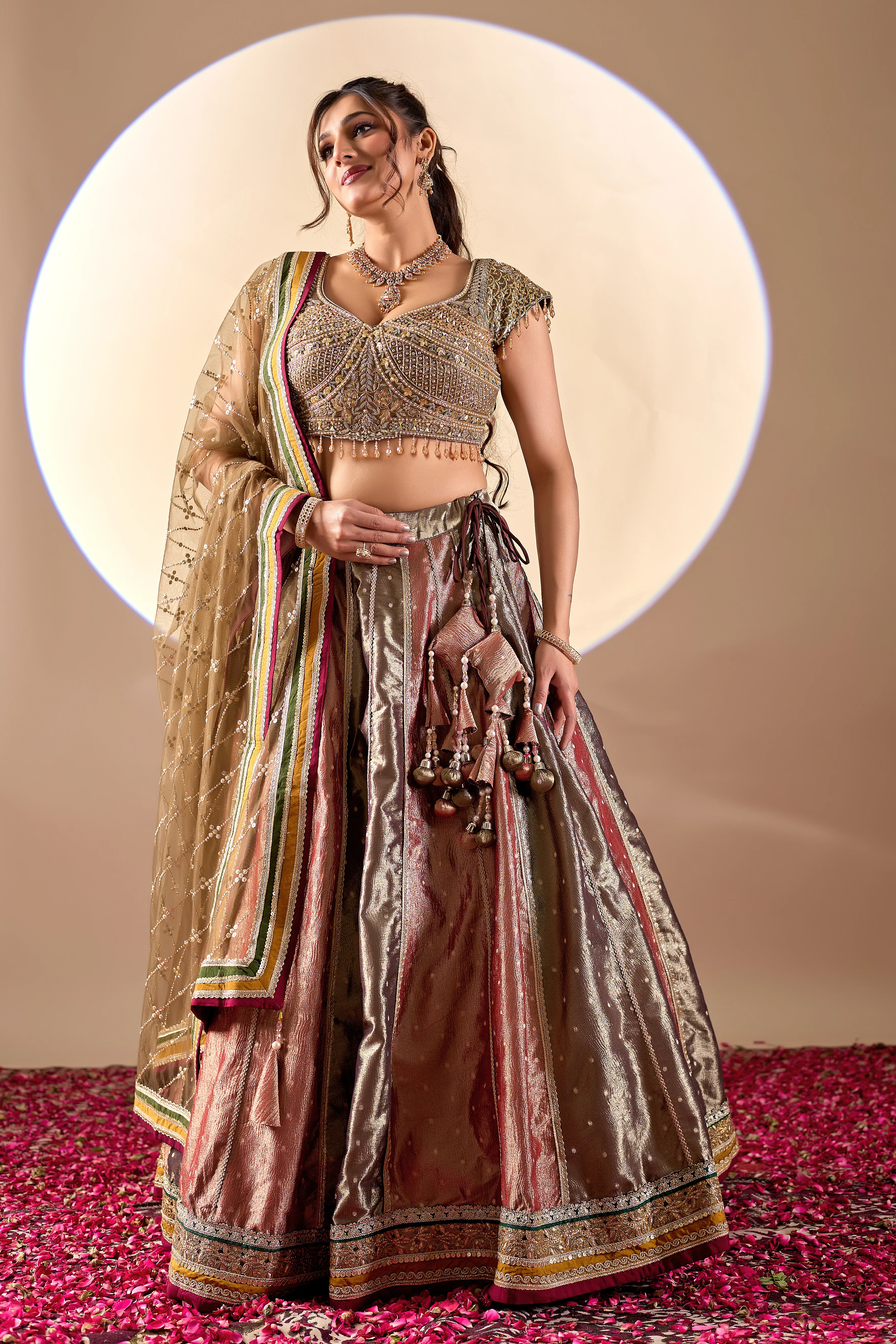 Bronze Metallic Lehenga Set with Embellished Blouse & Net Dupatta - Image 5