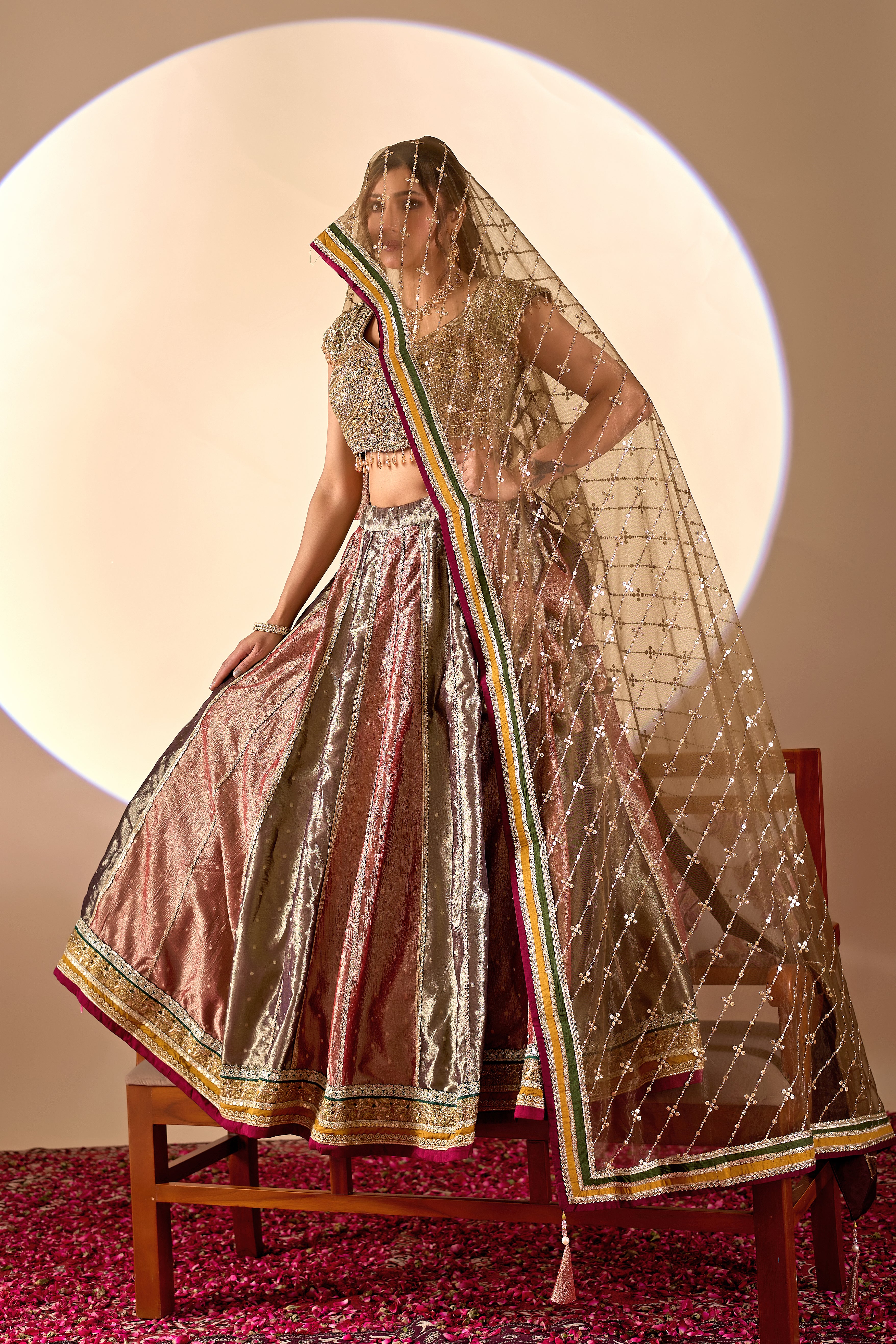 Bronze Metallic Lehenga Set with Embellished Blouse & Net Dupatta - Image 6