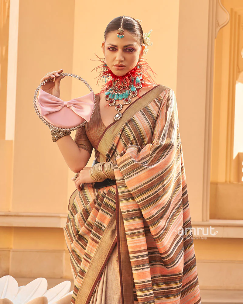 Brown and Beige Printed Silk Saree with Unstitched Blouse - Image 2