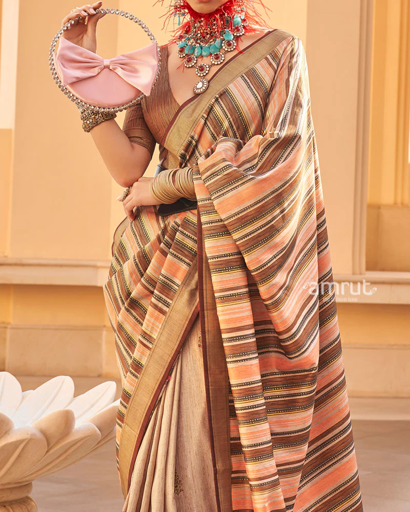 Brown and Beige Printed Silk Saree with Unstitched Blouse - Image 3