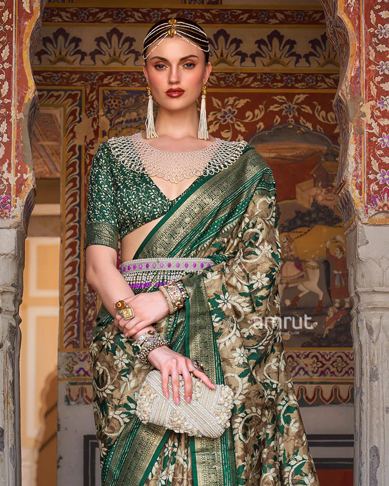 Brown and Green Floral Printed Patola Saree with Zari Woven Border and Unstitched Blouse - Image 2