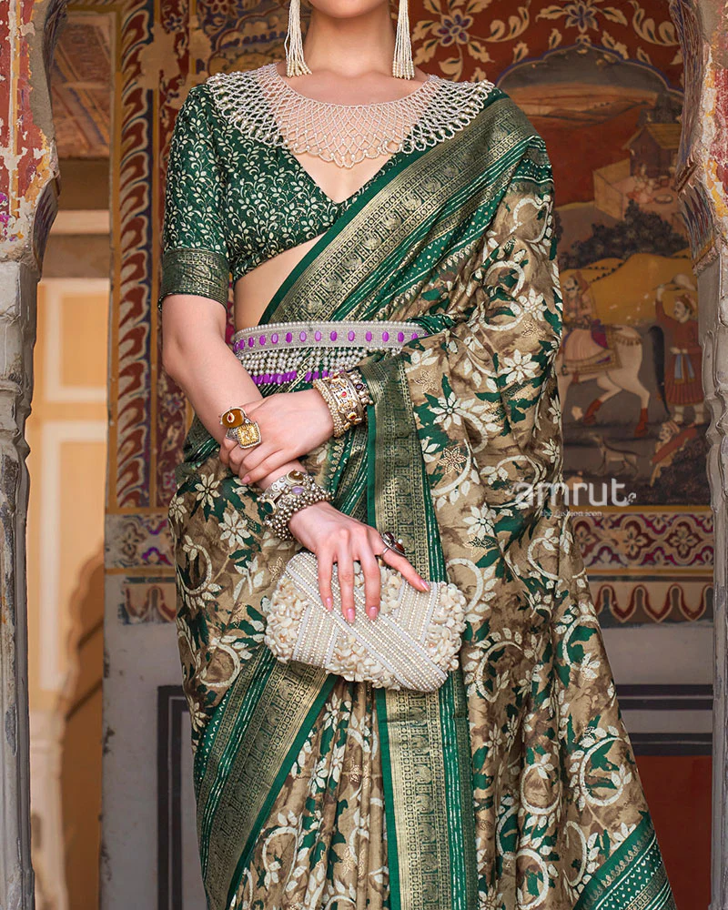Brown and Green Floral Printed Patola Saree with Zari Woven Border and Unstitched Blouse - Image 3