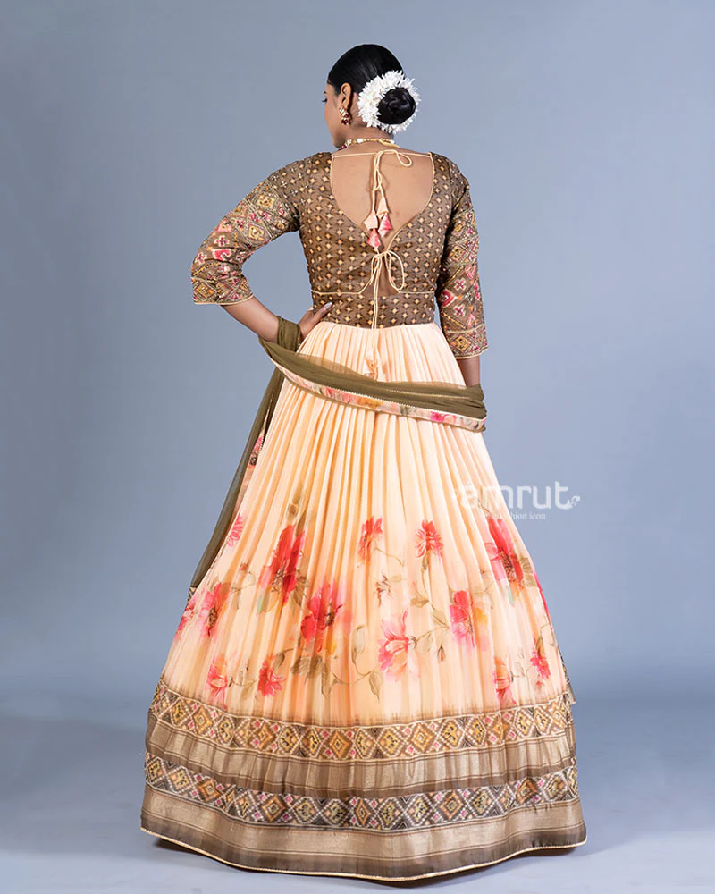 Brown and Peach Layered Pleated Gown with Golden Embellishments and Dupatta - Image 3