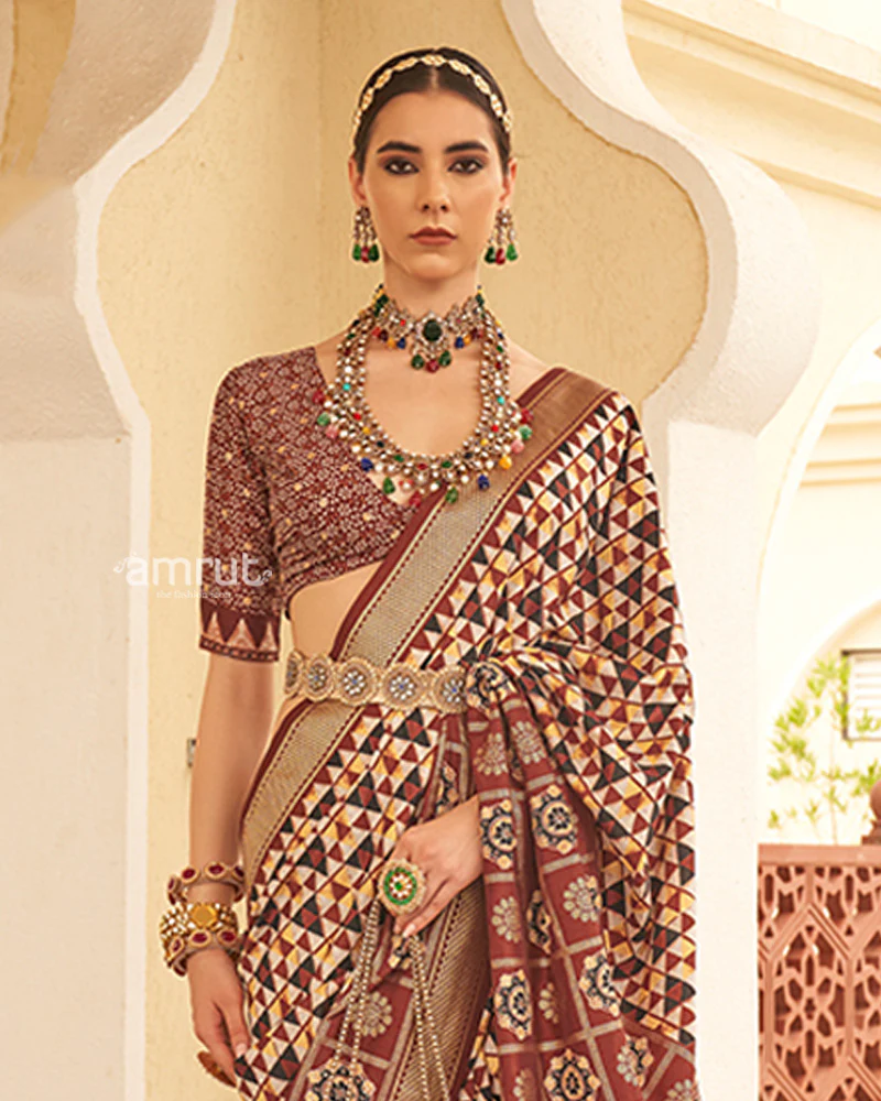 Brown & Cream Geometric Printed Embellished Zari Border Silk Saree with Unstitched Blouse - Image 2