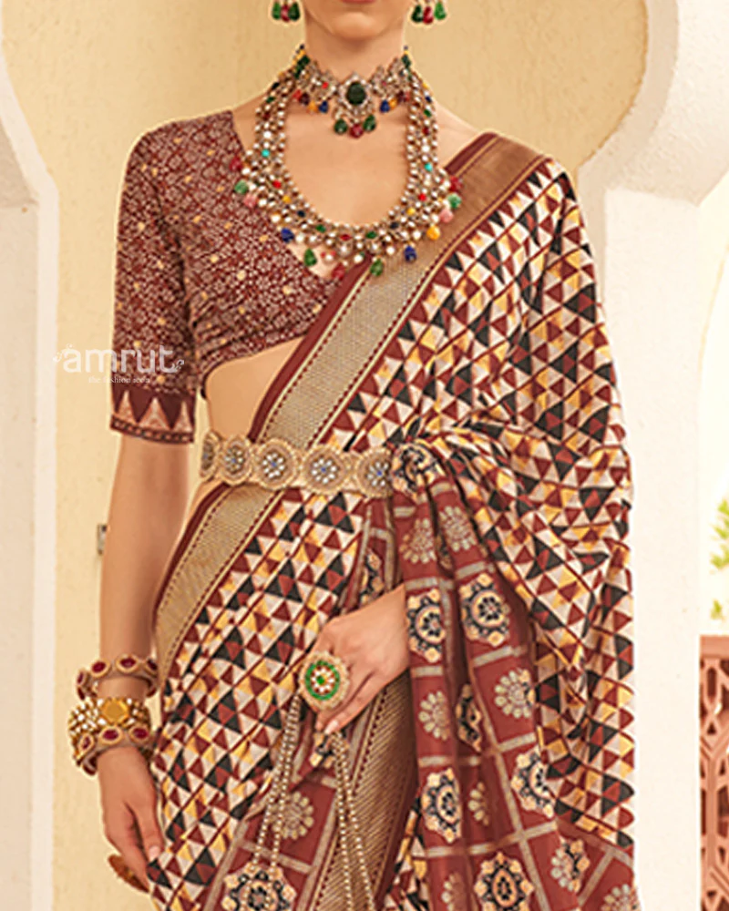 Brown & Cream Geometric Printed Embellished Zari Border Silk Saree with Unstitched Blouse - Image 3