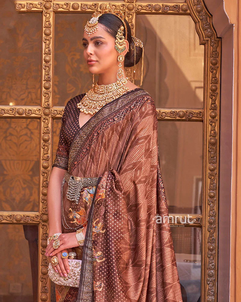 Brown Digital Print Embellished Saree with Unstitched Blouse - Image 2