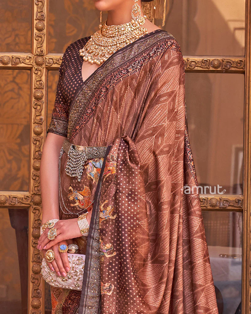 Brown Digital Print Embellished Saree with Unstitched Blouse - Image 3